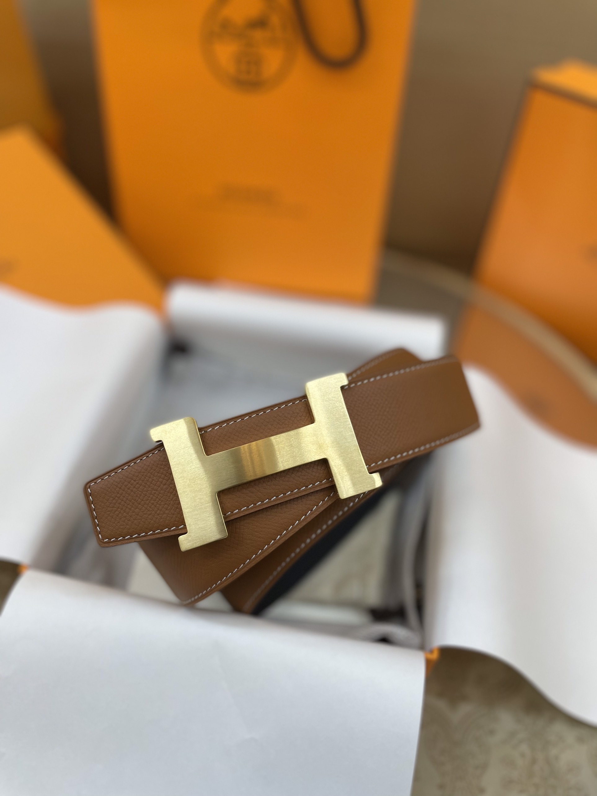 Thắt Lưng Hermes Logo H Da Epsom Màu Nâu 107cm/ 3.8cm