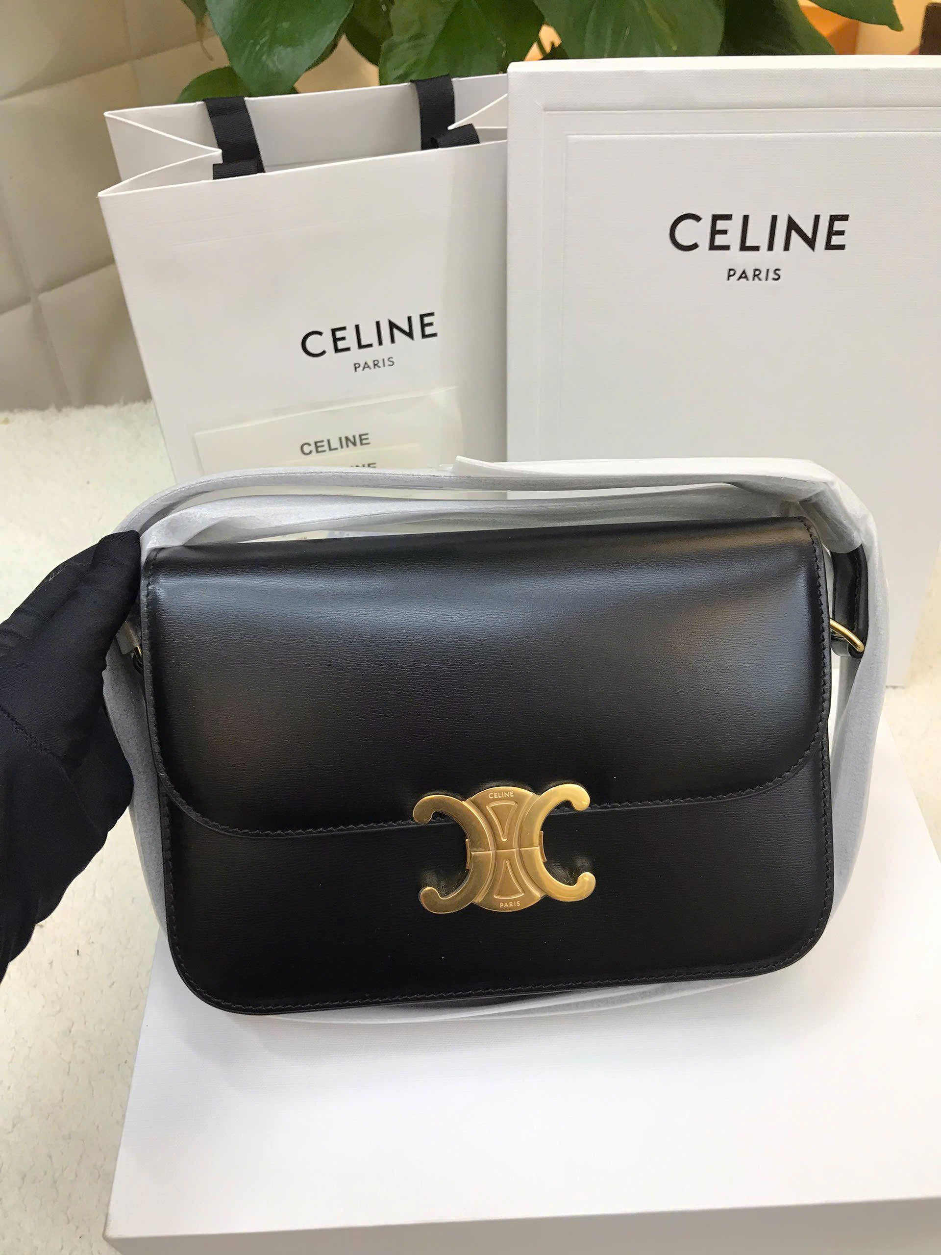 Túi Celine Classique Triomphe Bag In Shiny Calfskin Black Vip Size 22cm