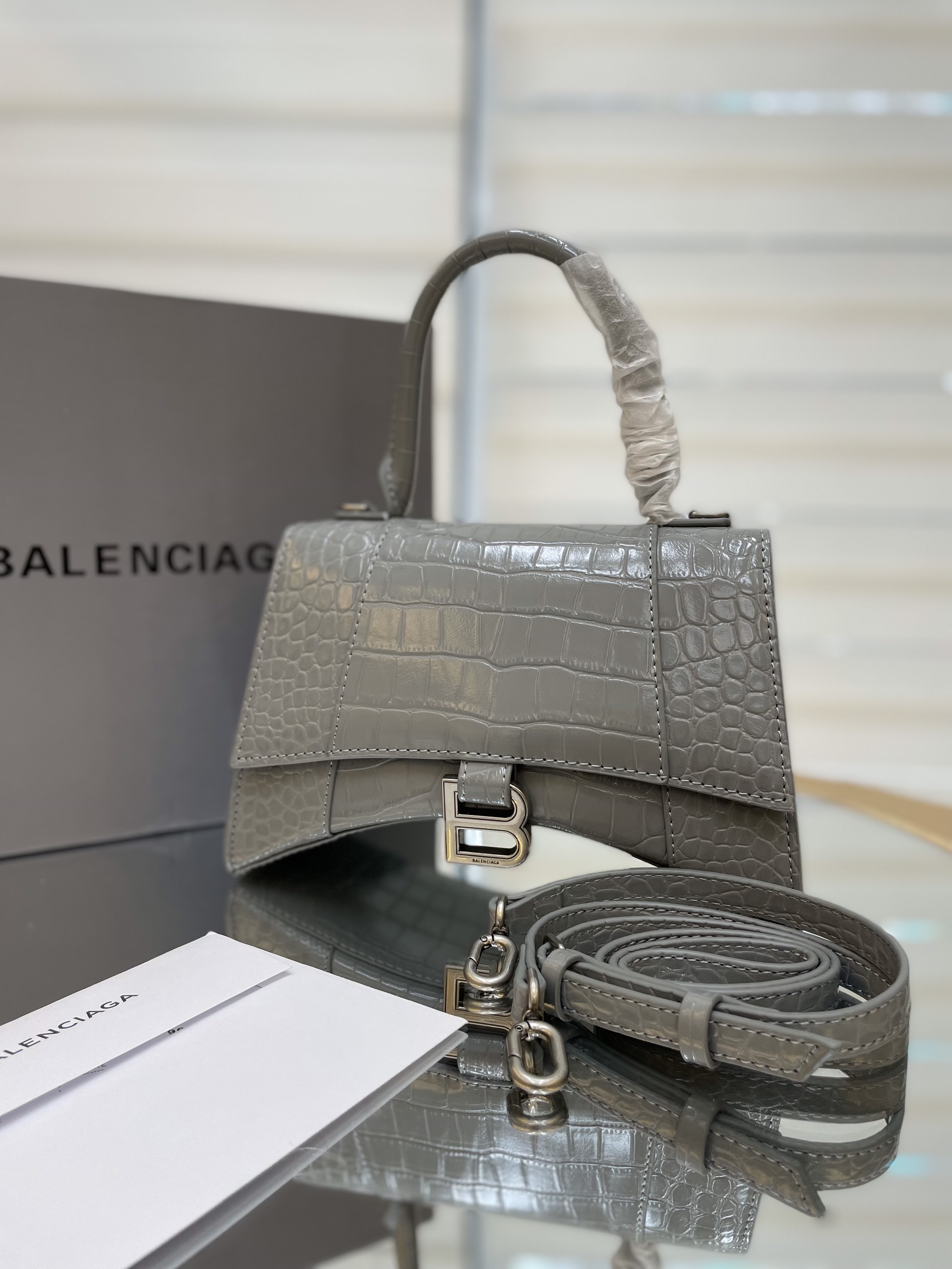 Túi Xách Balenciaga Hourglass Super Da Cá Sấu Size 25cm Màu Xám