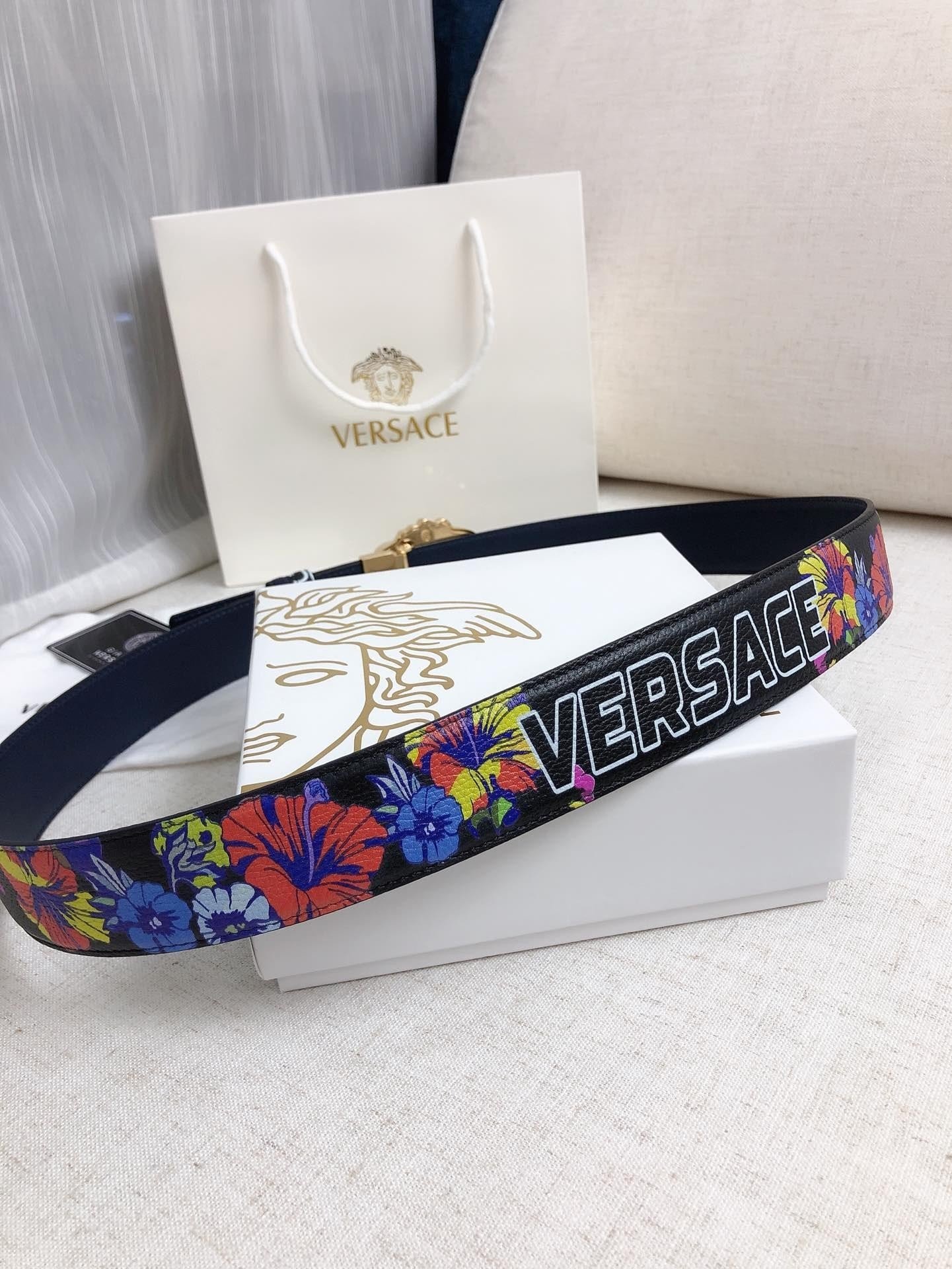 Thắt Lưng Versace Họa Tiết Hoa 3D Siêu Cấp Mặt Vàng Size 3.8cm