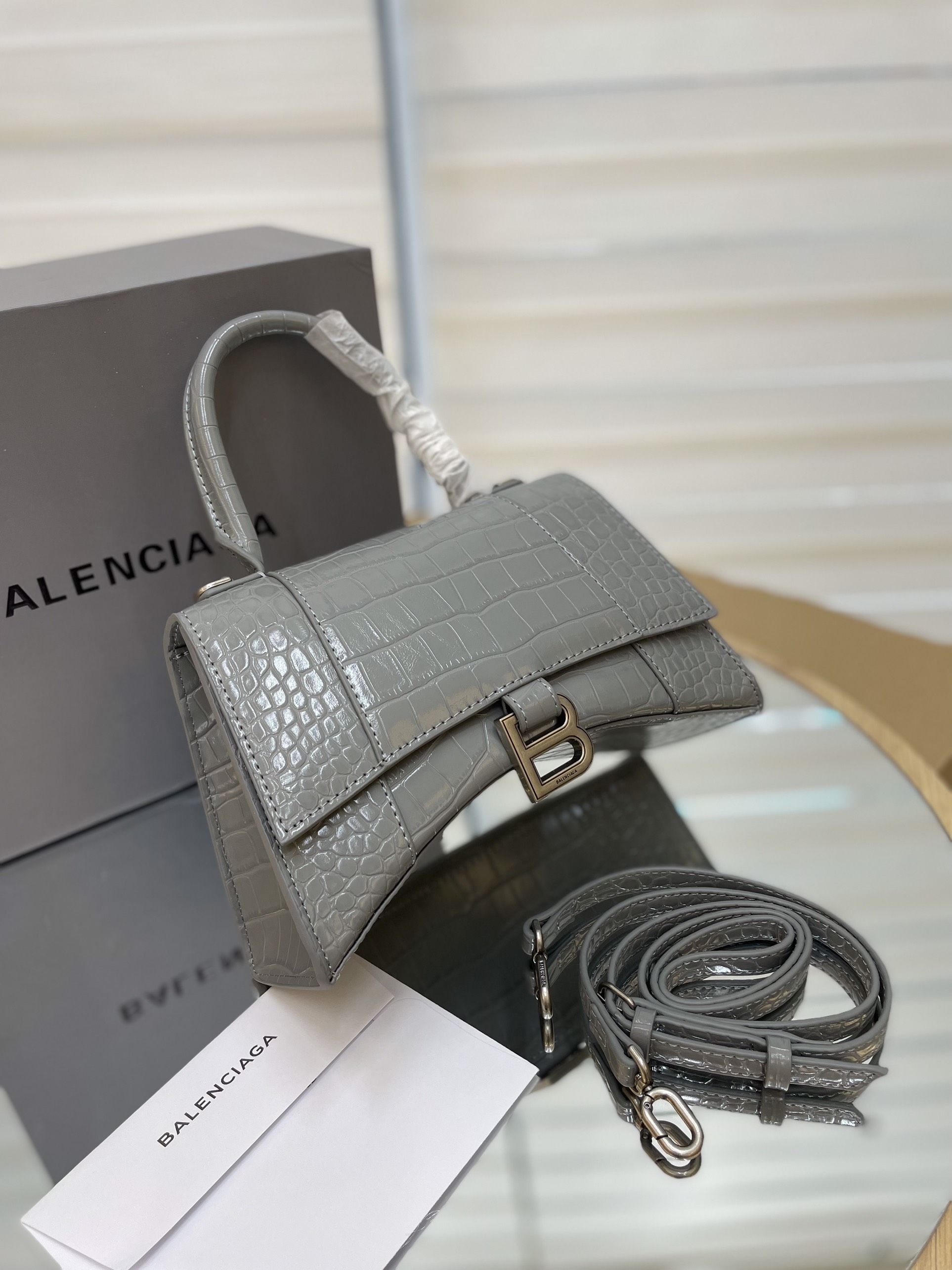 Túi Xách Balenciaga Hourglass Super Da Cá Sấu Size 25cm Màu Xám