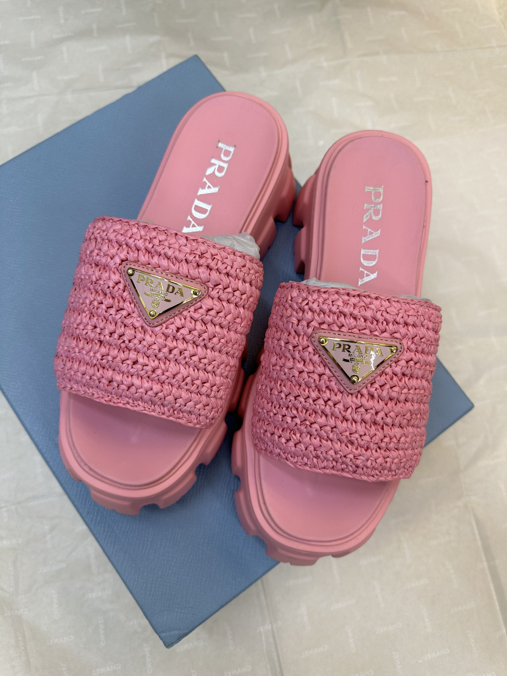 Giày Prada Crochet Flatform Slides Pink Siêu Cấp Size 35