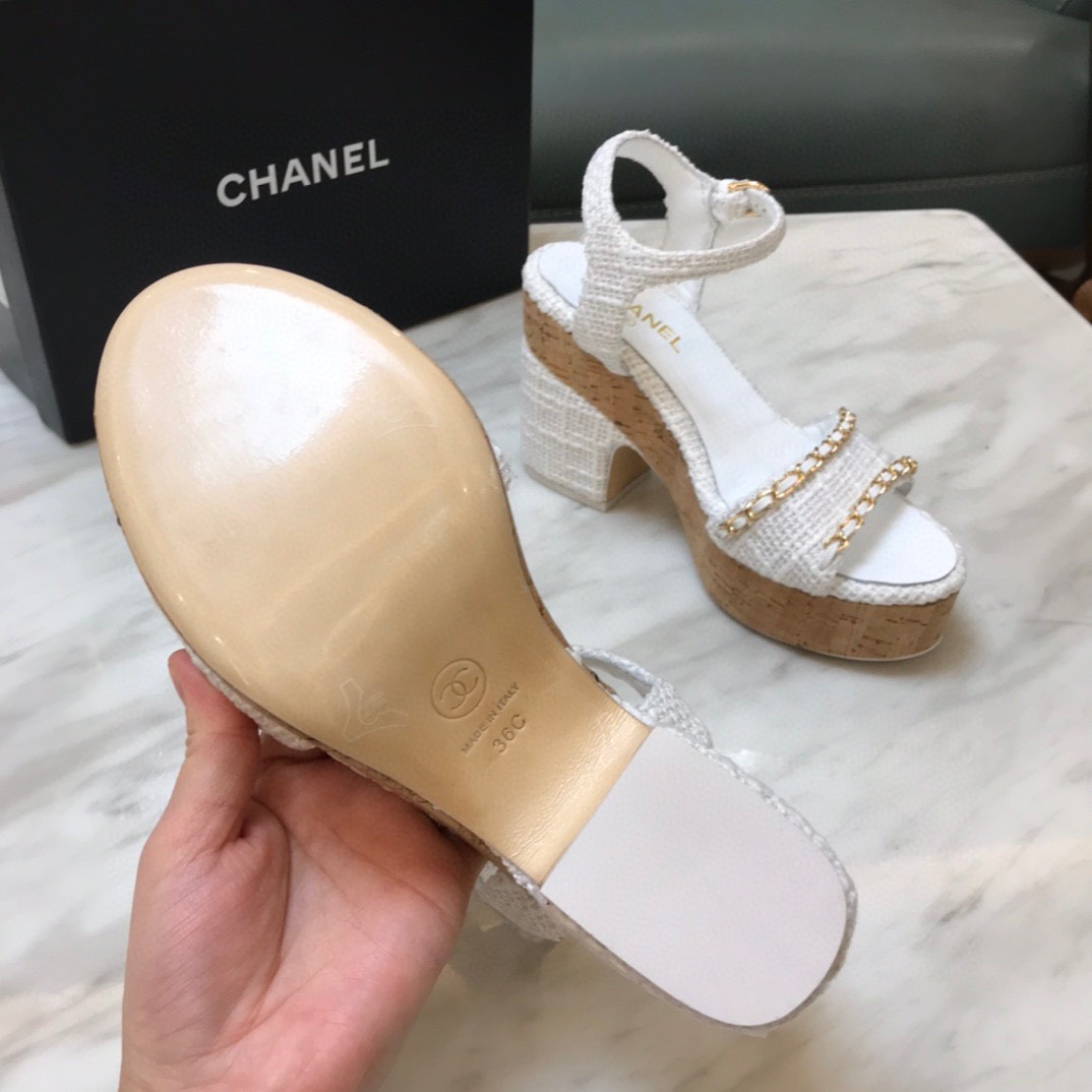 Giày Chanel Sandal Cao Gót SIêu Cấp Màu Trắng Đế Bằng
