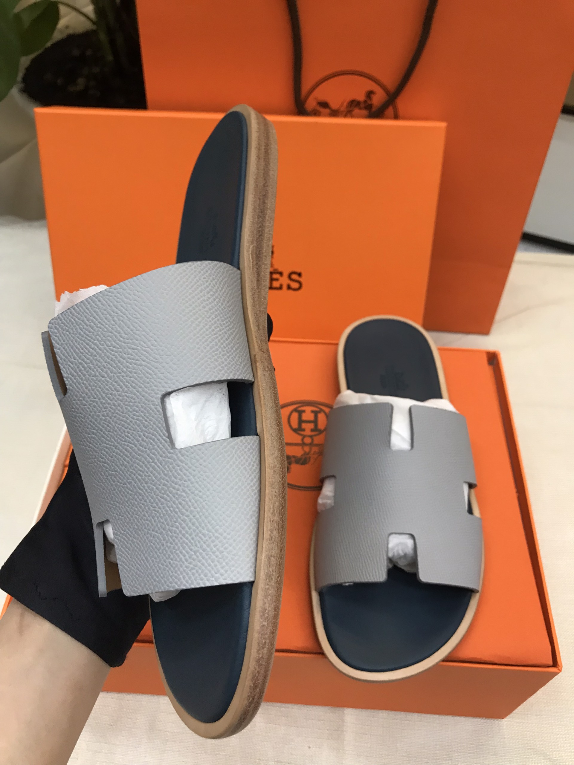 Giày/Dép Hermes Izmir Sandal Noir Siêu Cấp Màu Xanh Phối Size 41