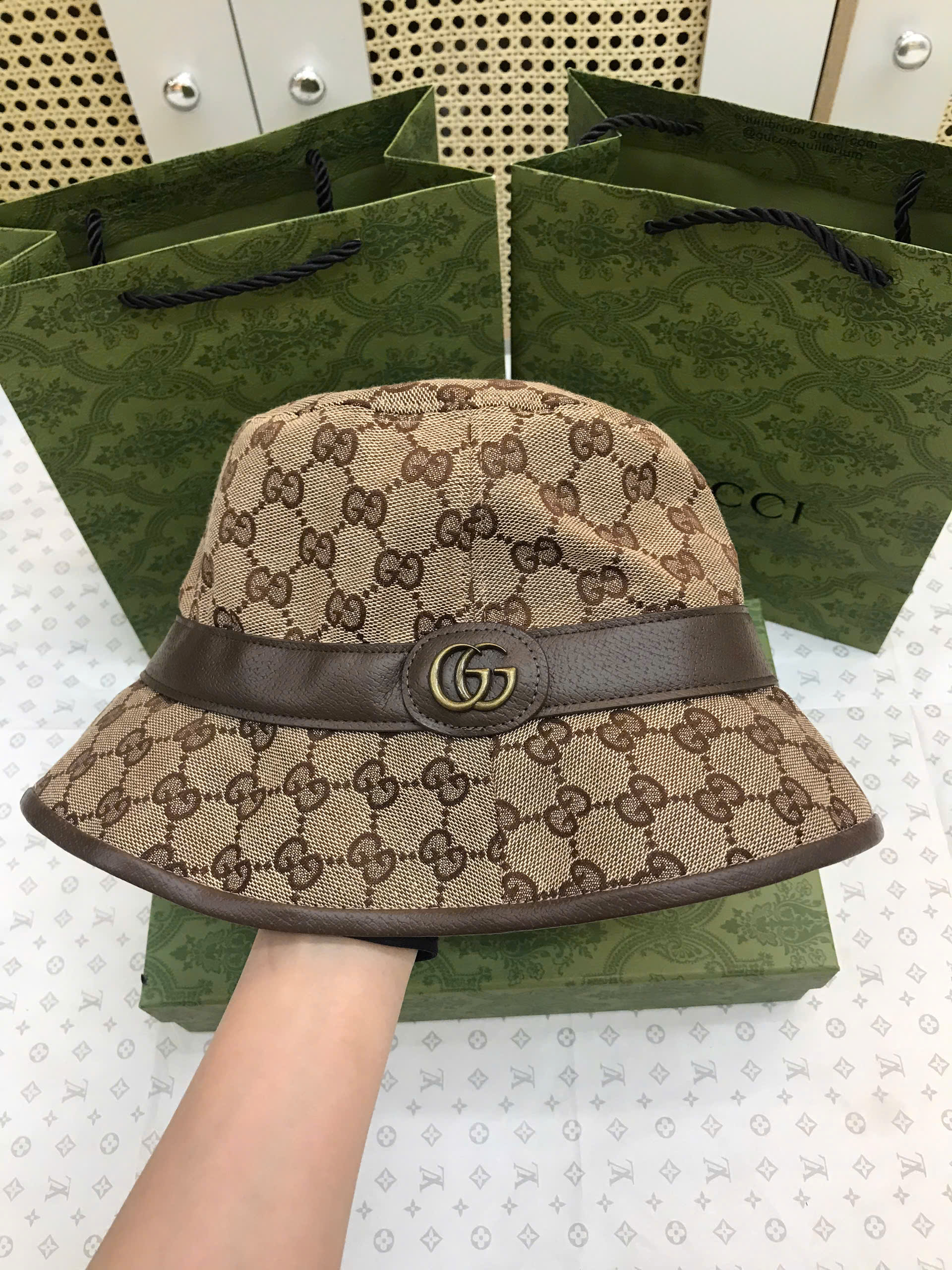 Nón GG Canvas Bucket Hat Siêu Cấp Màu Nâu