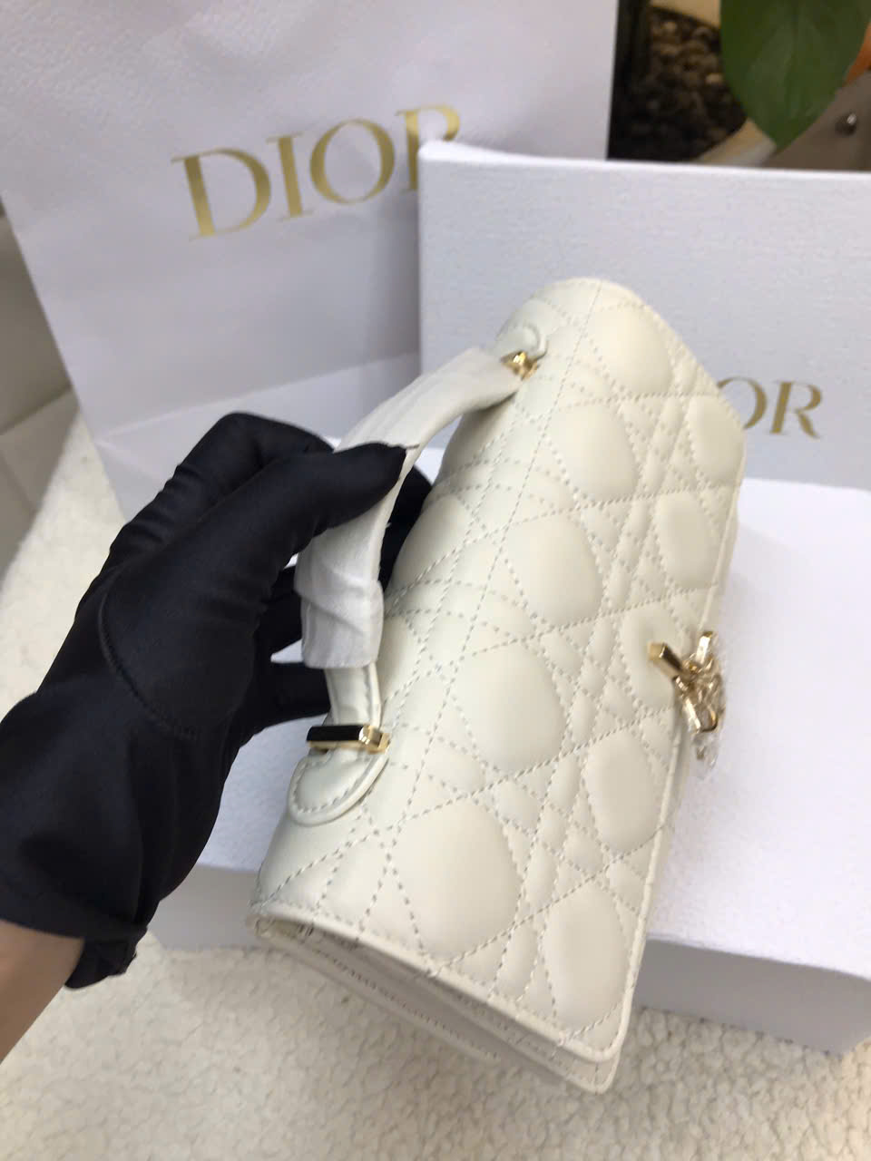 Túi My Dior Mini Bag Latte Cannage Lambskin White Super Size 21cm