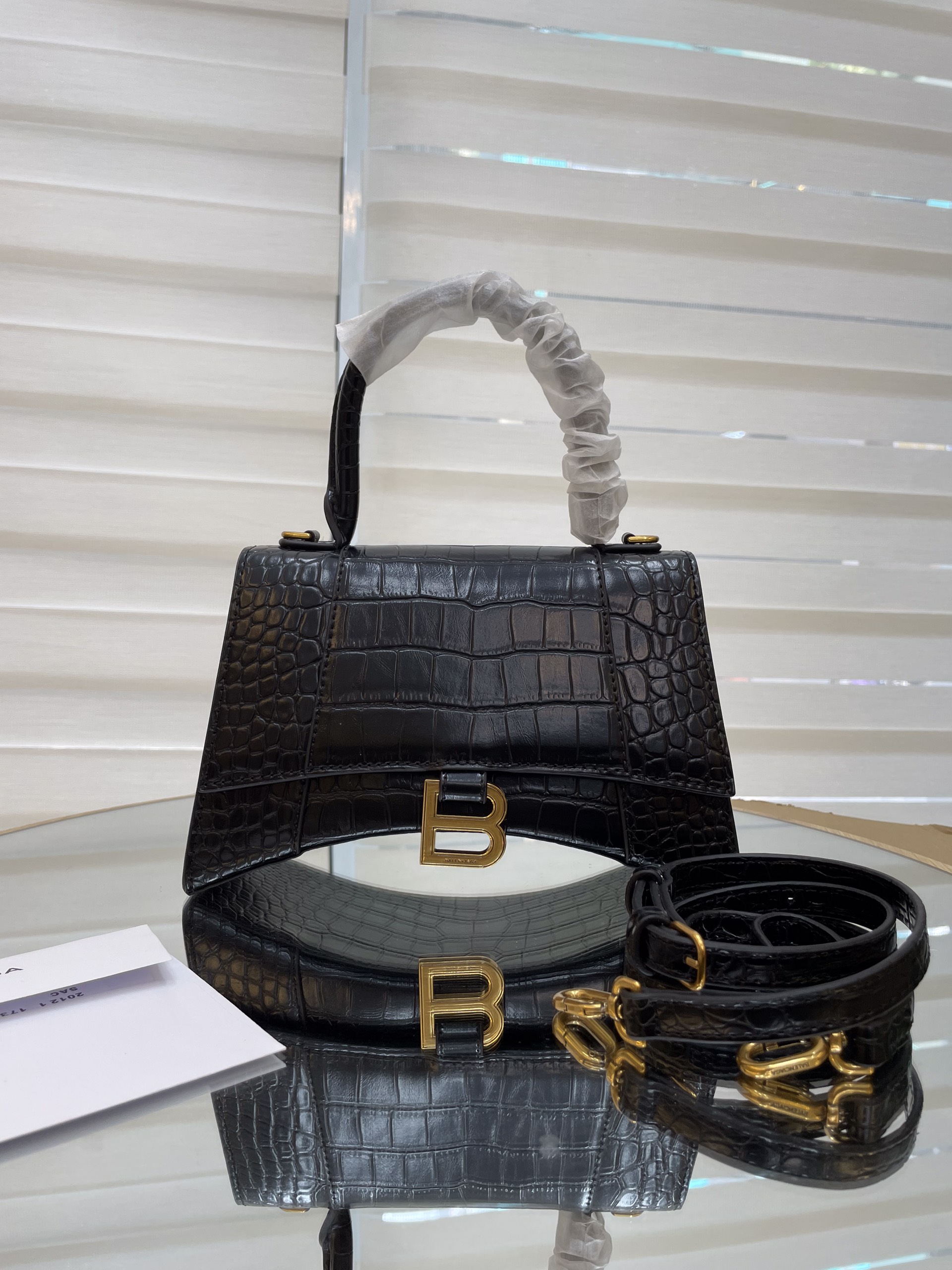 Túi Xách Balenciaga Hourglass Super Da Cá Sấu Size 25cm Màu Đen
