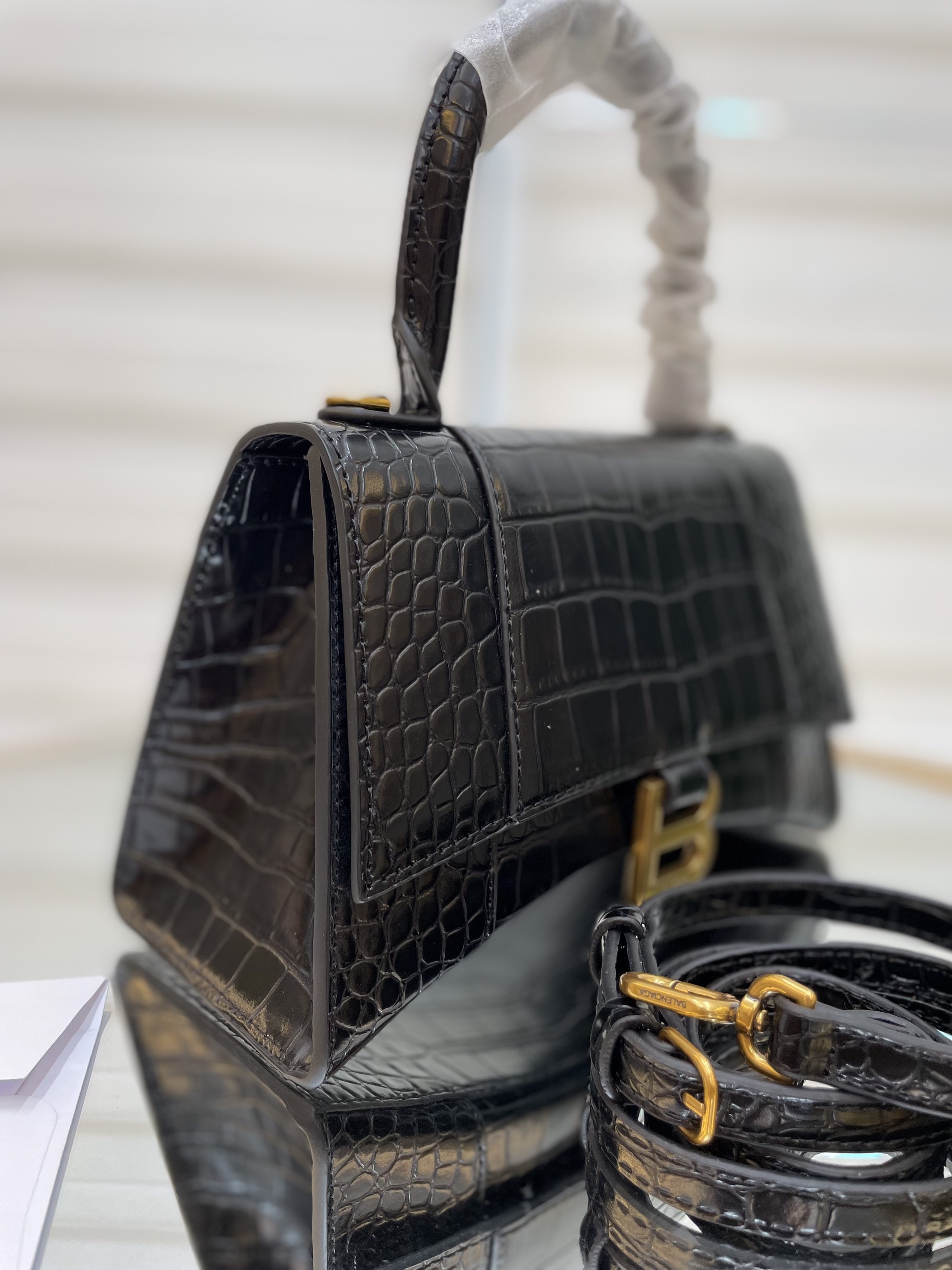 Túi Xách Balenciaga Hourglass Super Da Cá Sấu Size 25cm Màu Đen