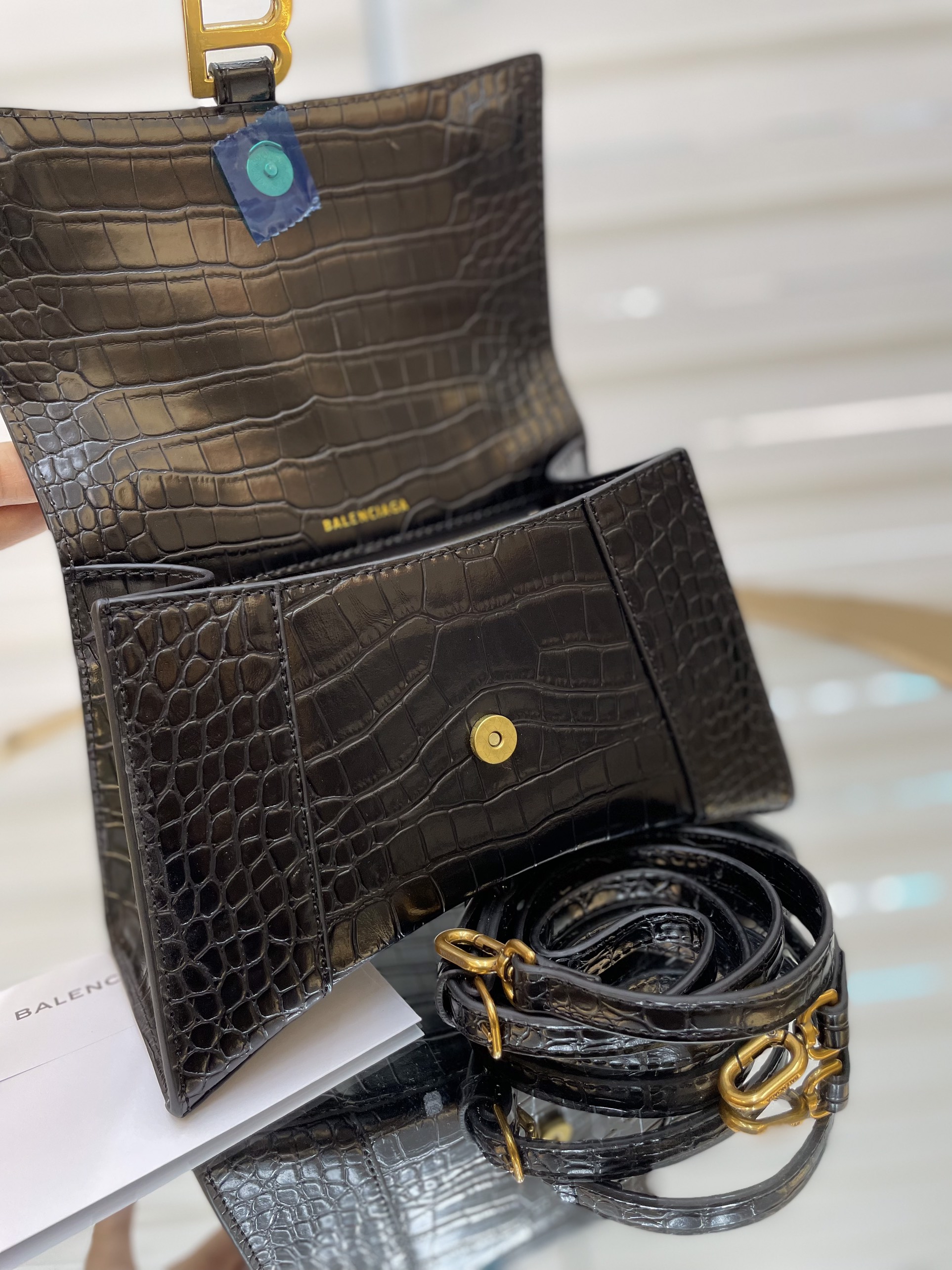 Túi Xách Balenciaga Hourglass Super Da Cá Sấu Size 25cm Màu Đen