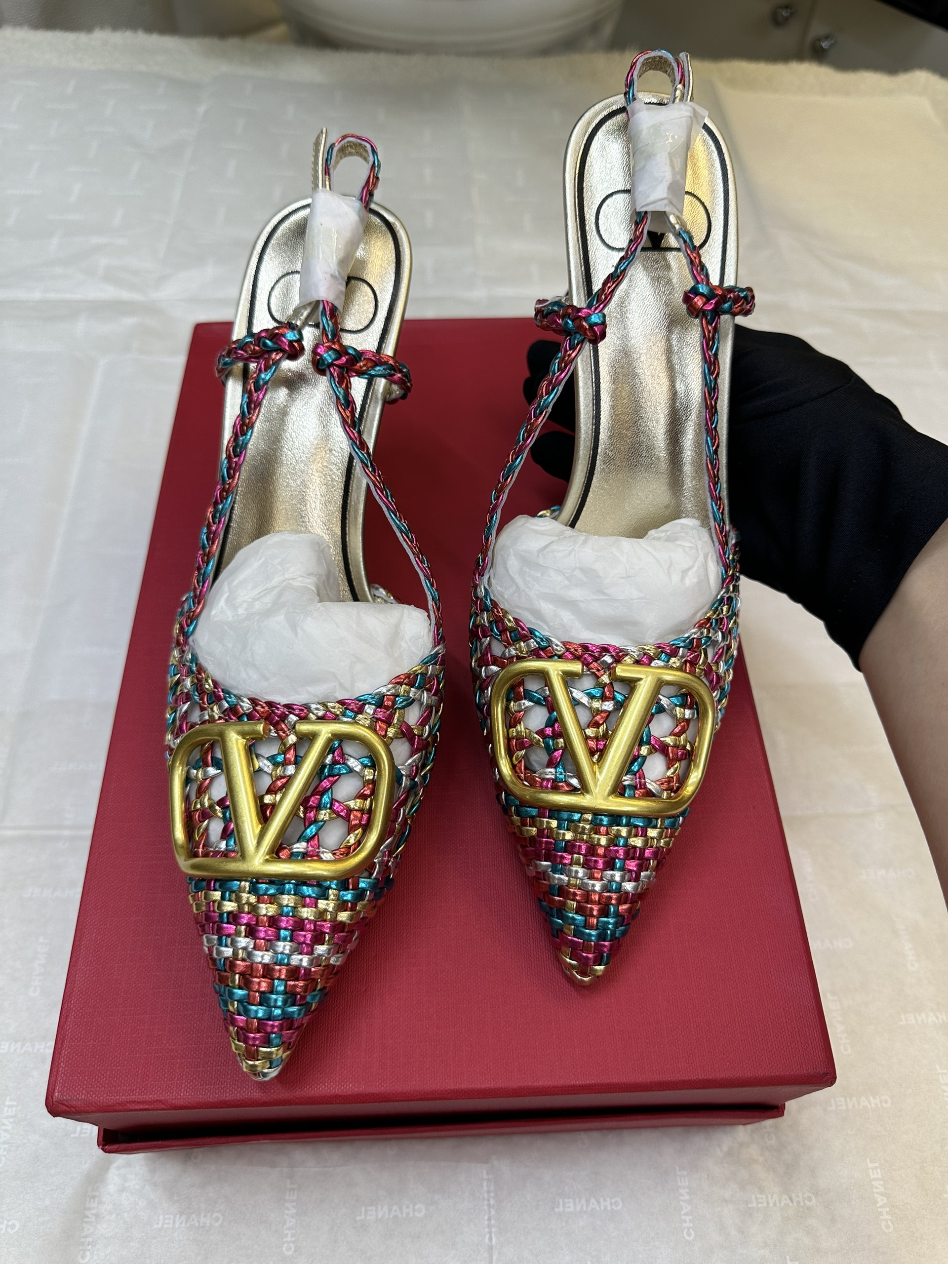 Giày Valentino Vlogo Signature Slingback Pump In Woven Metallic Nappa 80mm Siêu Cấp Size 39