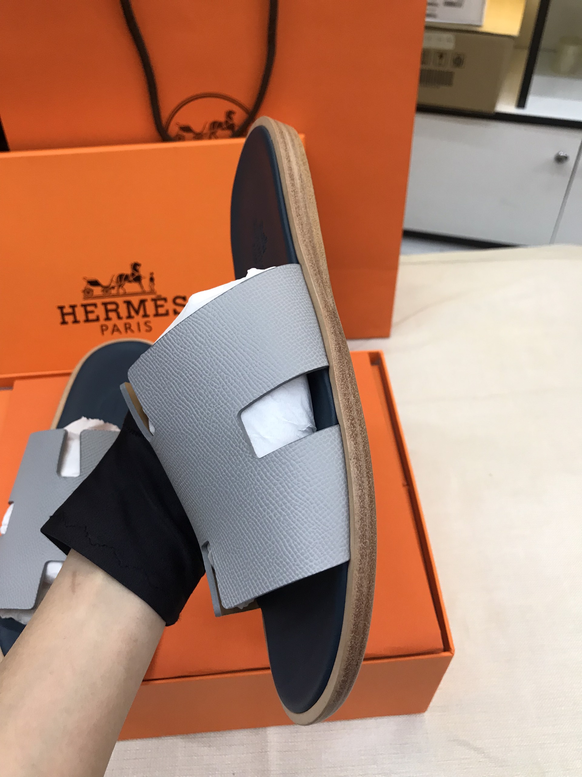 Giày/Dép Hermes Izmir Sandal Noir Siêu Cấp Màu Xanh Phối Size 41