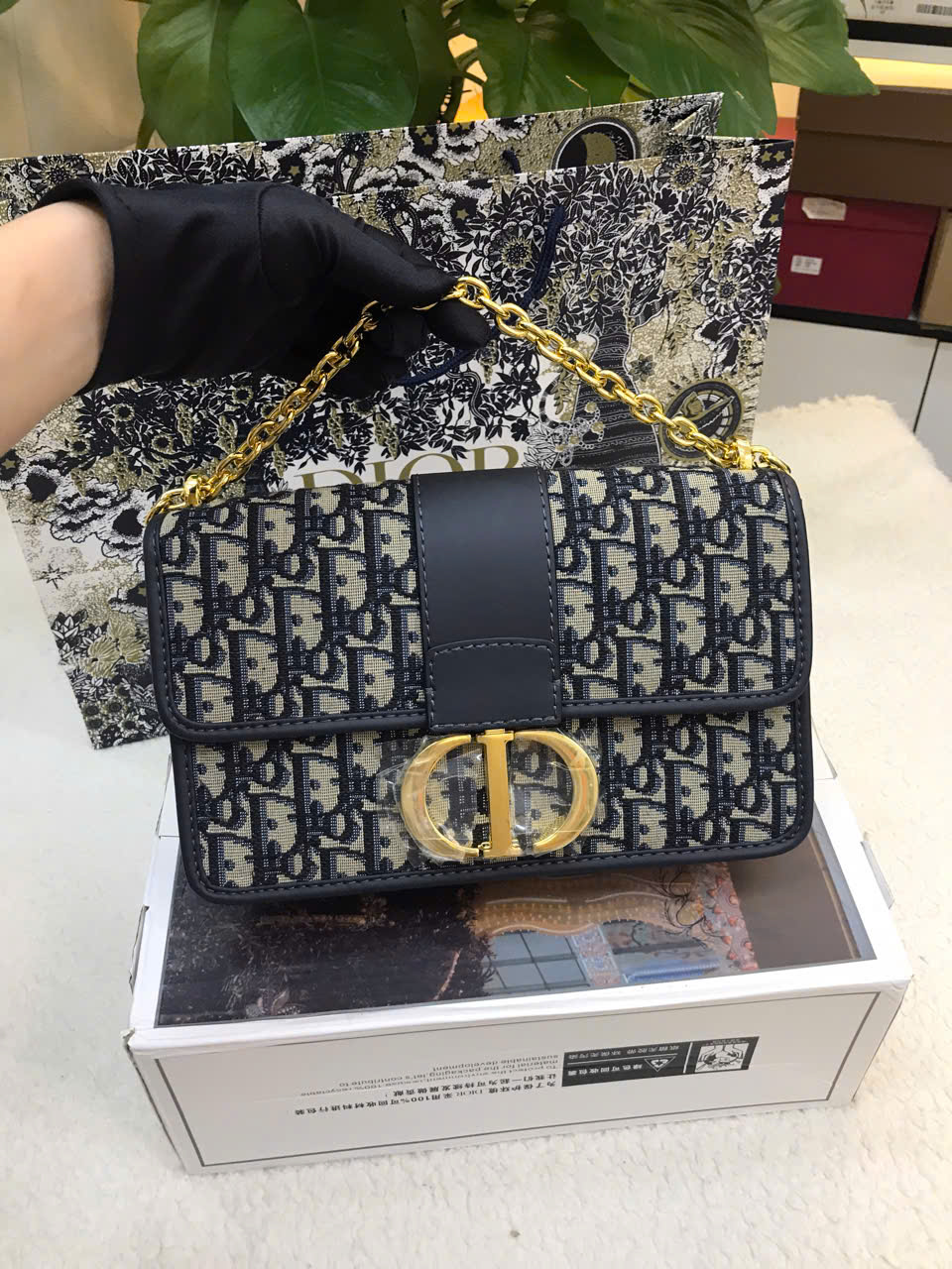 Túi 30 Montaigne Chain Bag Blue Dior Oblique Jacquard Super Size 25cm