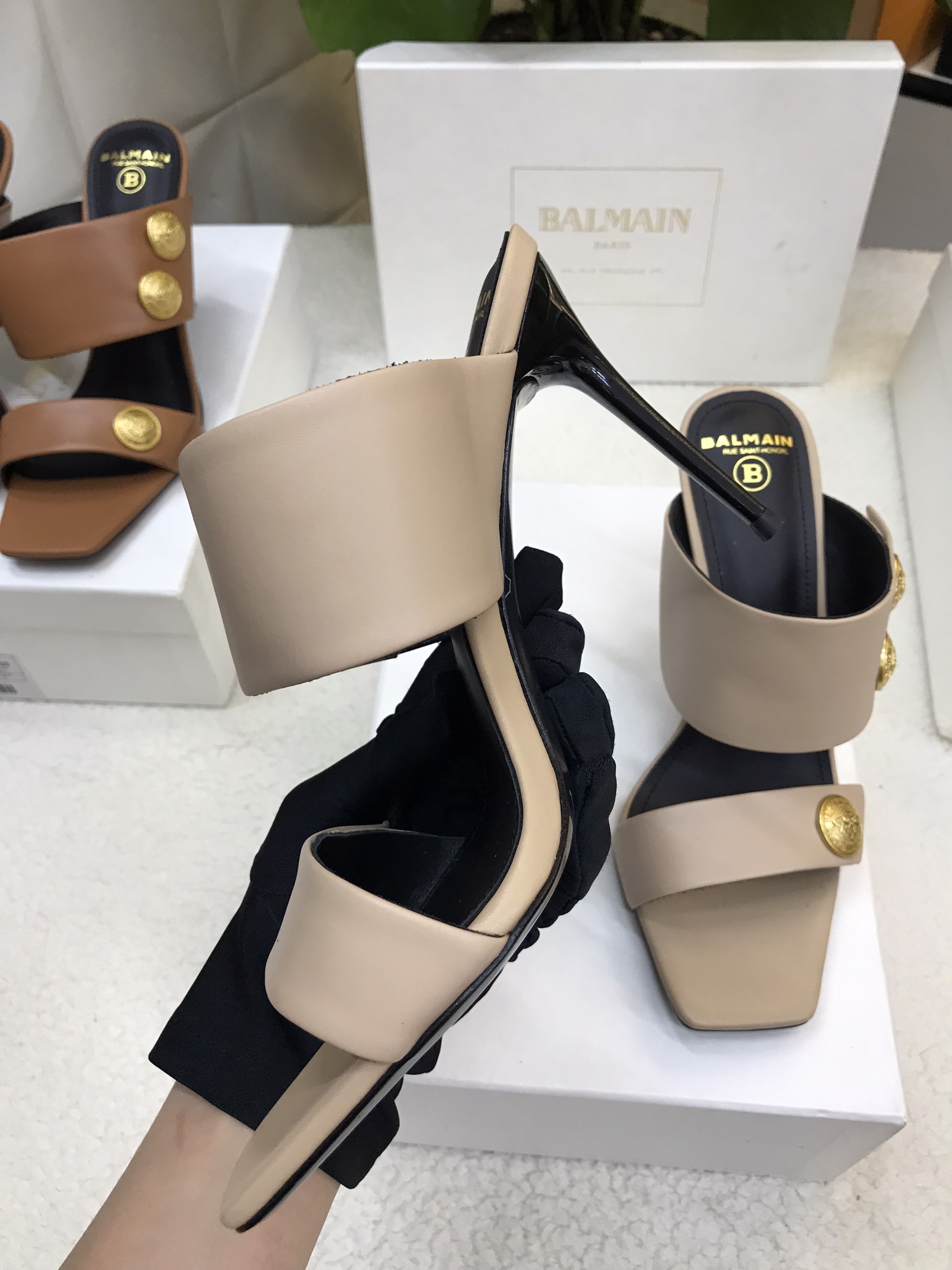 Giày Balmain Heeled Eva Mules In Calfskin Siêu Cấp Màu Xám Size 39