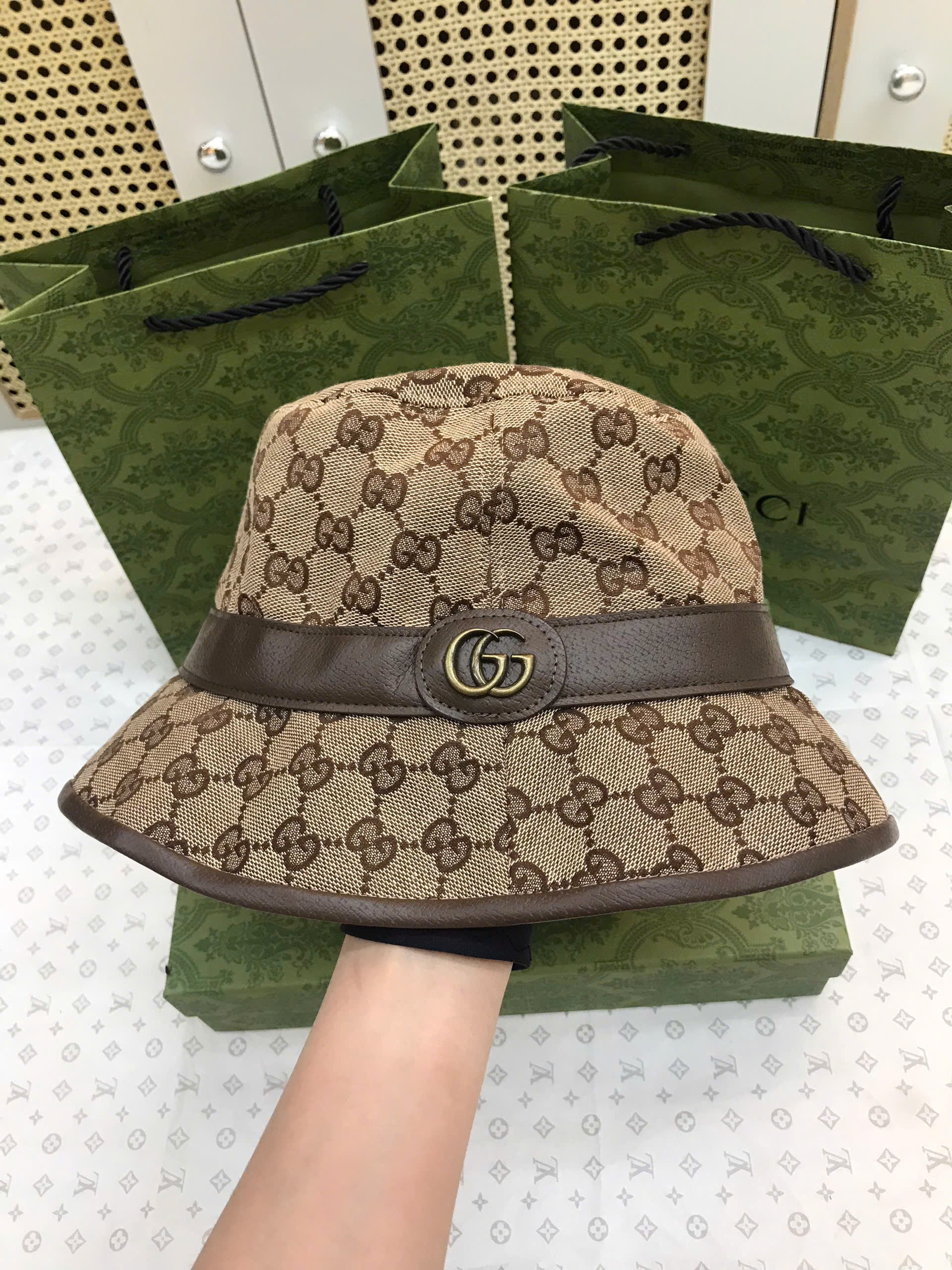 Nón GG Canvas Bucket Hat Siêu Cấp Màu Nâu