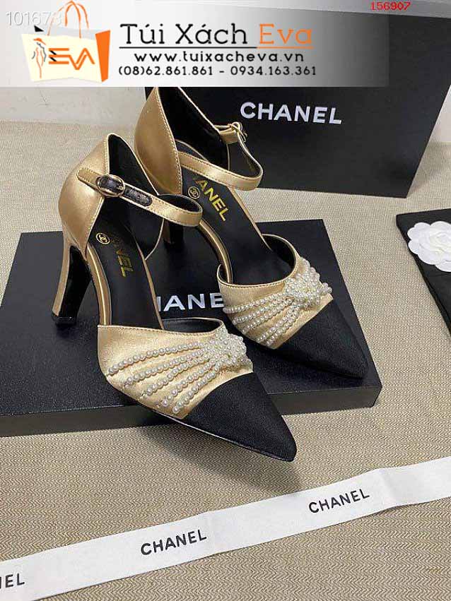 Giày Cao Gót Chanel Siêu Cấp Màu Vàng Đính Ngọc Trai Đẹp.