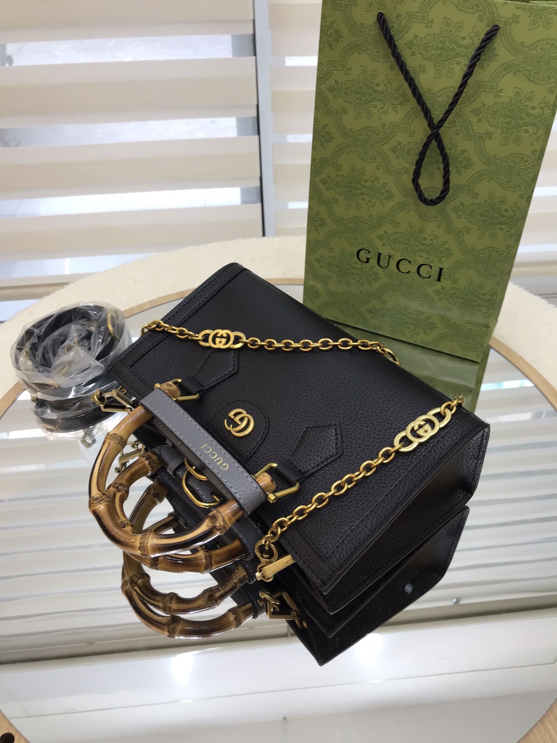 Túi Xách Gucci Diana Quai Trúc Super Màu Đen Size 25cm