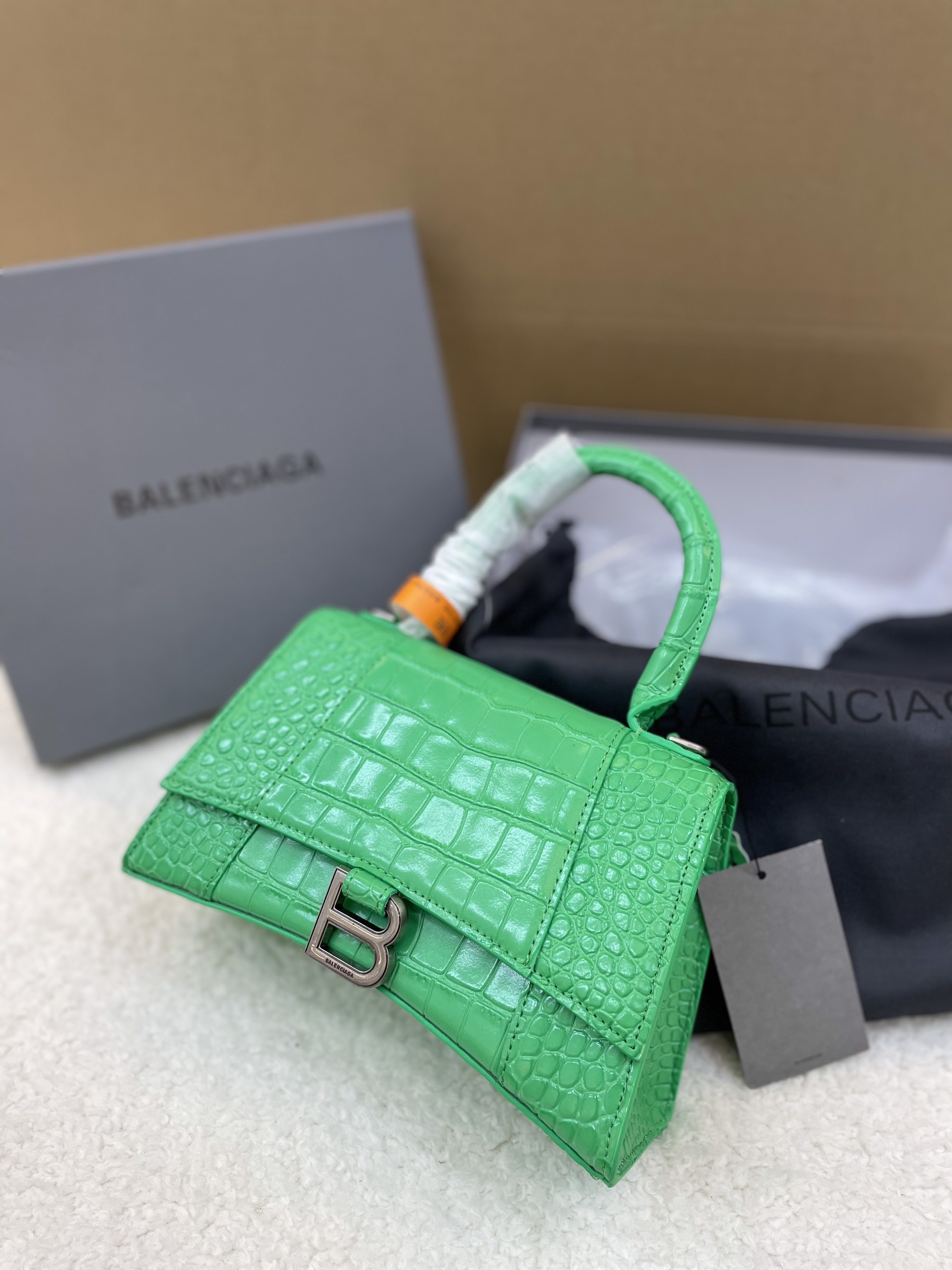 Túi Xách Balenciaga Hourglass Super Da Cá Sấu Size 25cm Màu Xanh