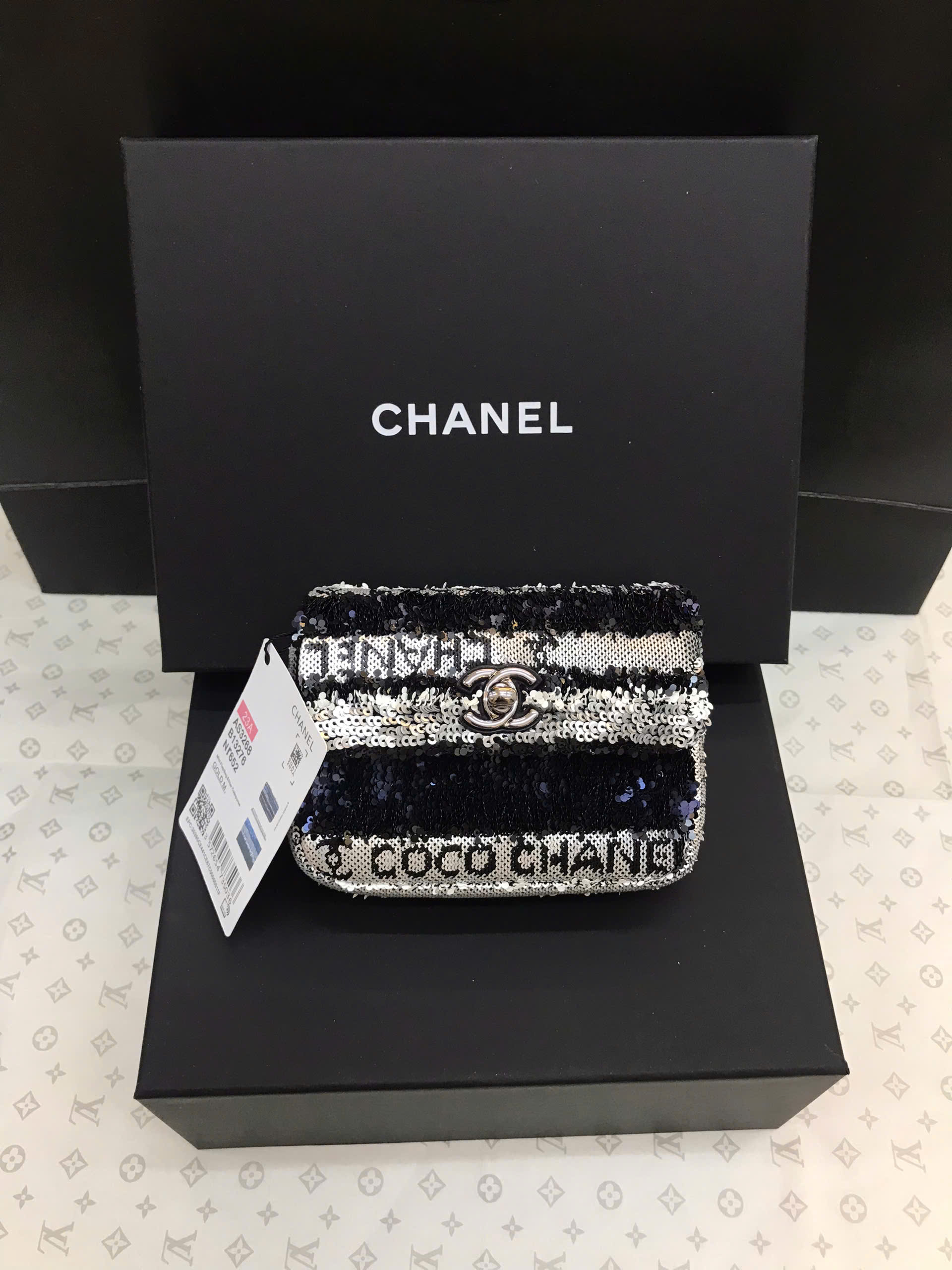 Túi Chanel Sequin Clutch With Chain - Black Mini Bags Siêu Cấp