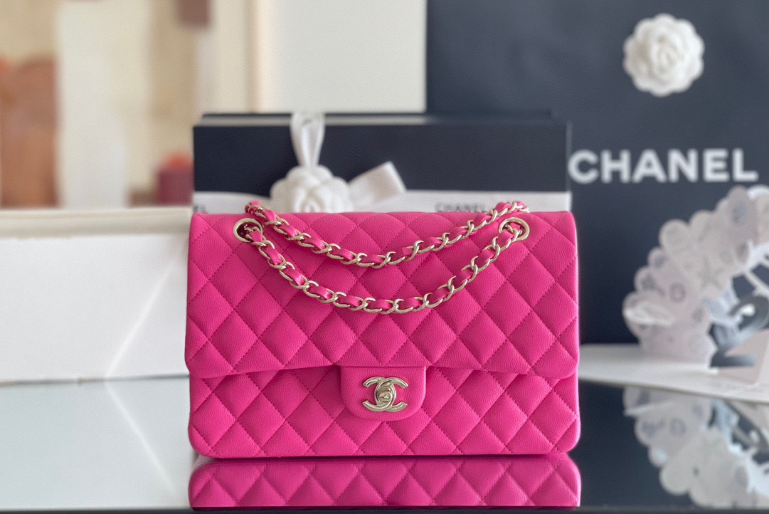 Túi Xách Chanel Classic Vip Màu Hồng Da Hạt Size 26cm