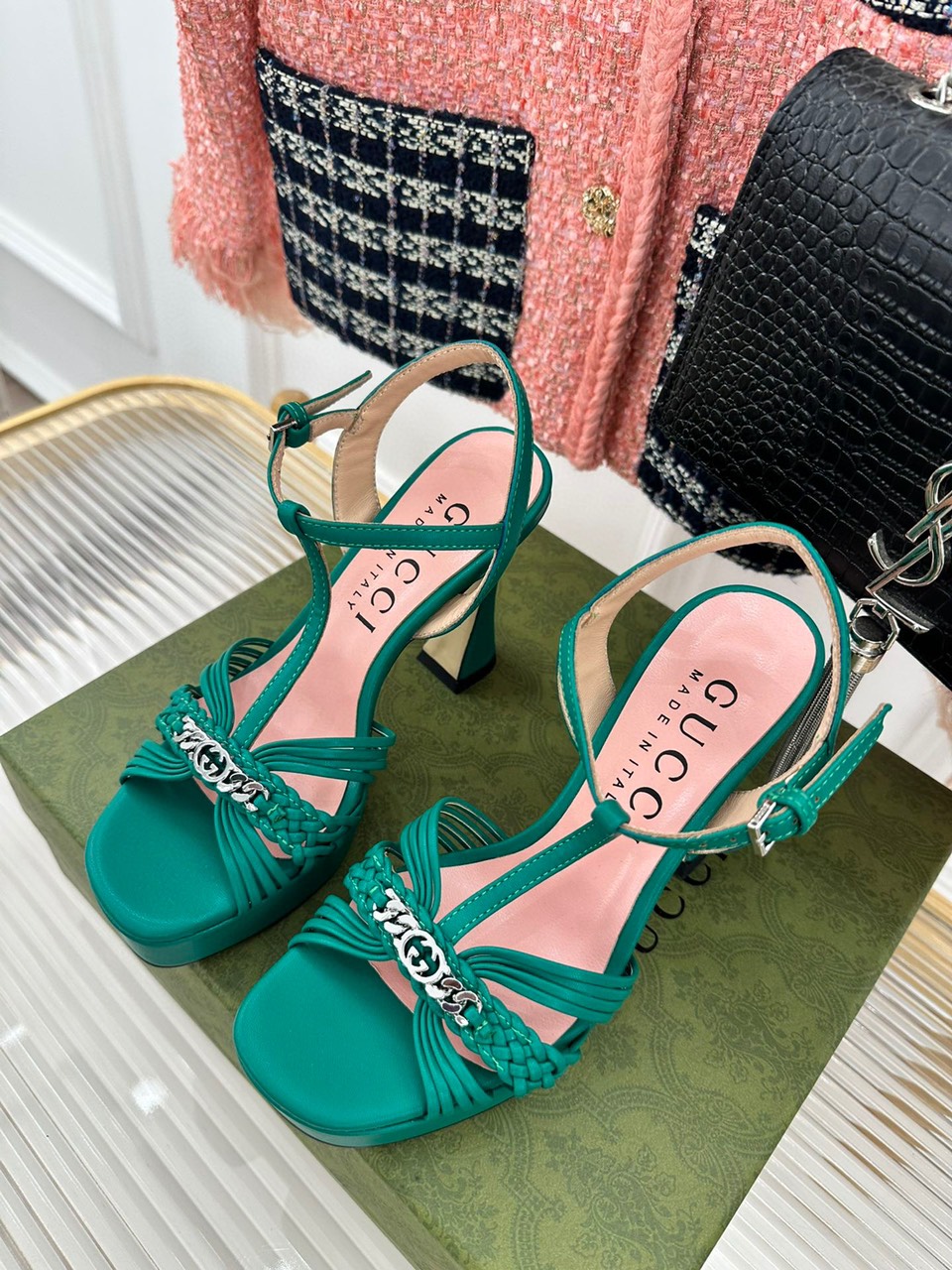 Giày Gucci Cao Gót Sandal Màu Xanh 12cm