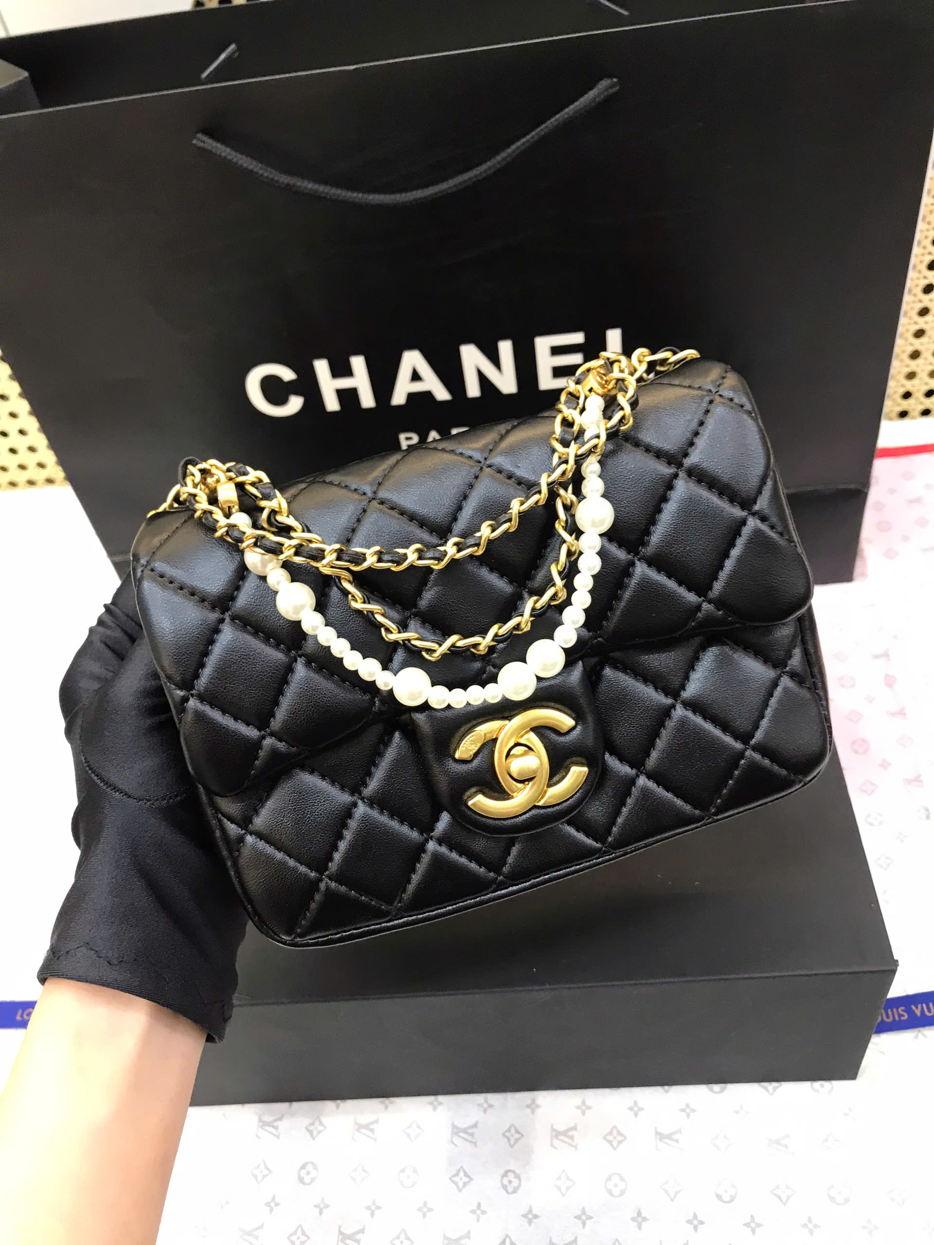 Túi Chanel 24P Classic Ngọc Trai Super Màu Đen Size 17cm