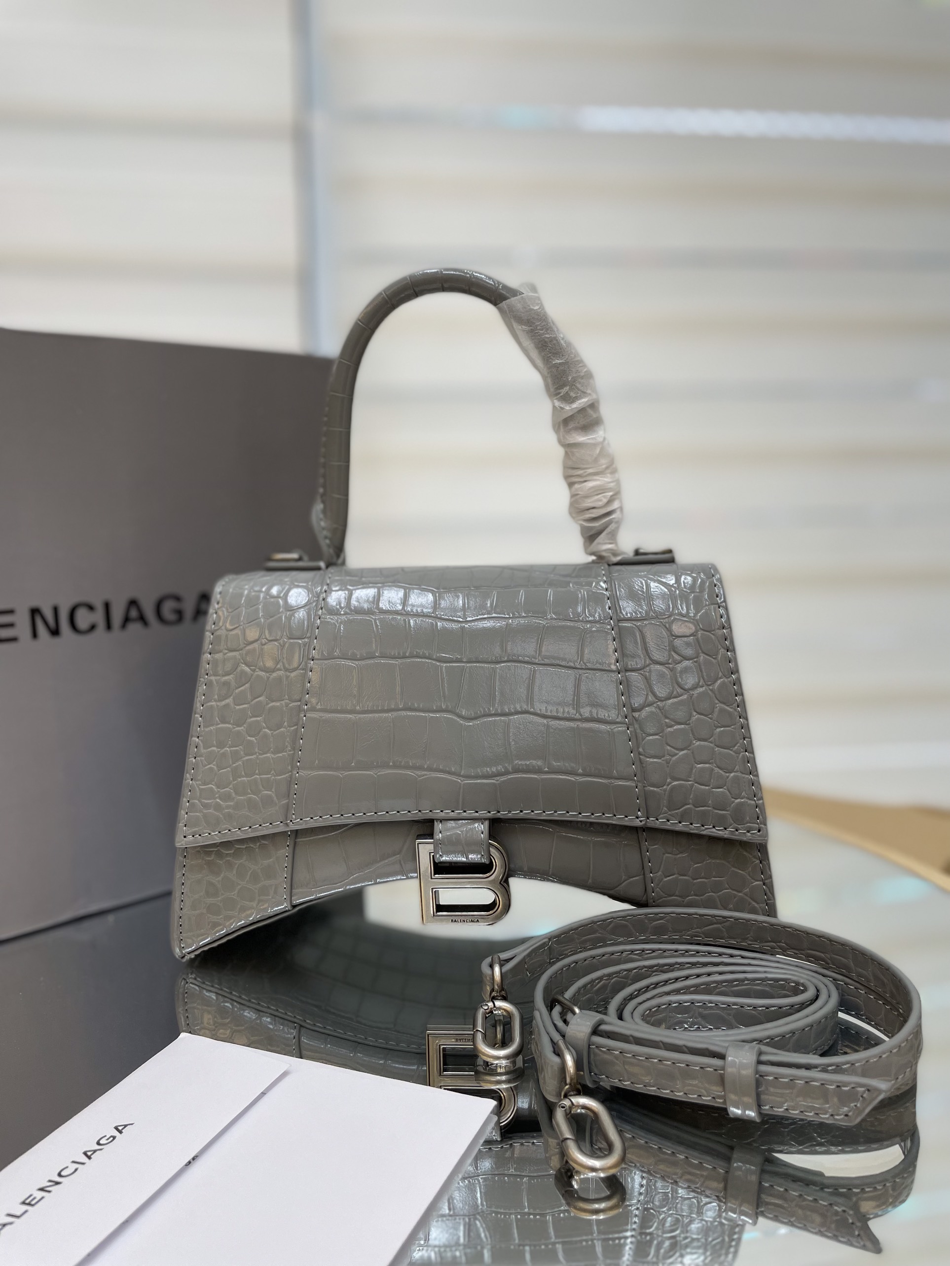 Túi Xách Balenciaga Hourglass Super Da Cá Sấu Size 25cm Màu Xám