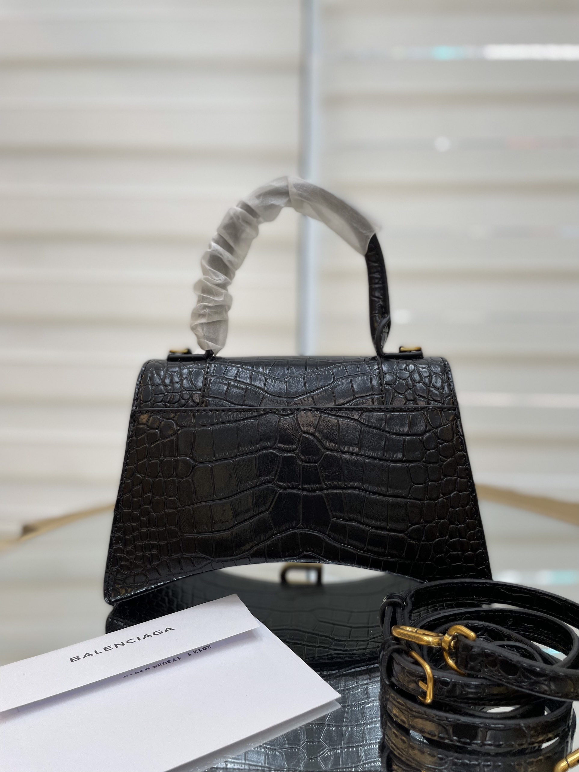 Túi Xách Balenciaga Hourglass Super Da Cá Sấu Size 25cm Màu Đen