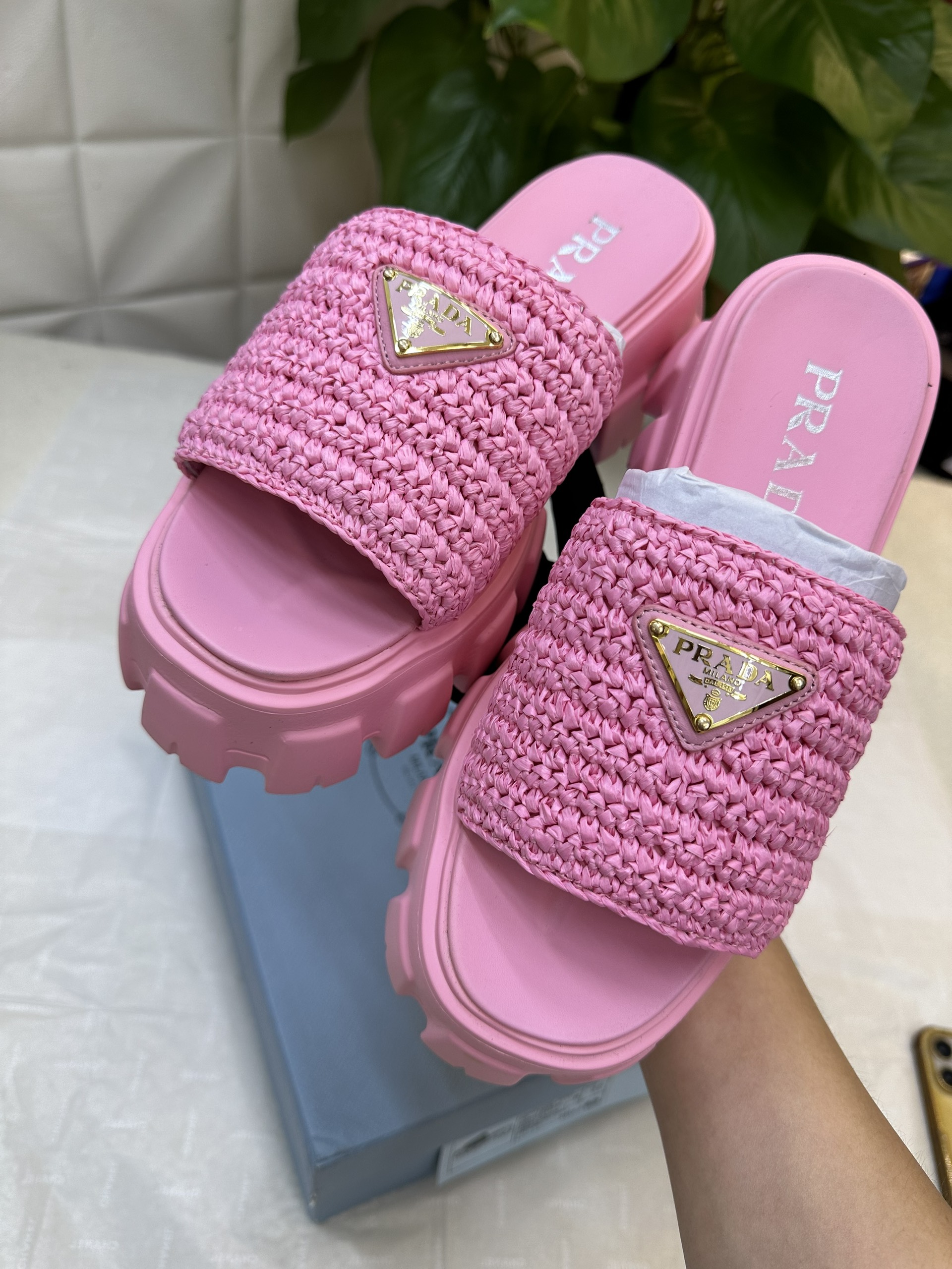 Giày Prada Crochet Flatform Slides Pink Siêu Cấp Size 35