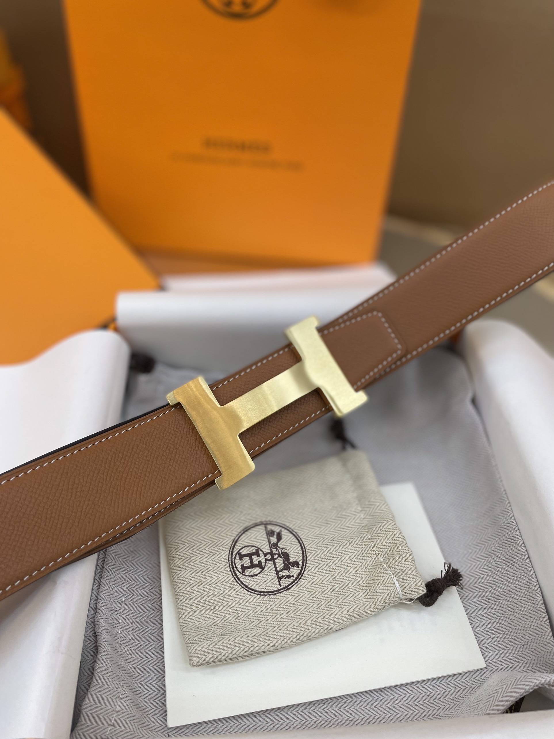 Thắt Lưng Hermes Logo H Da Epsom Màu Nâu 107cm/ 3.8cm