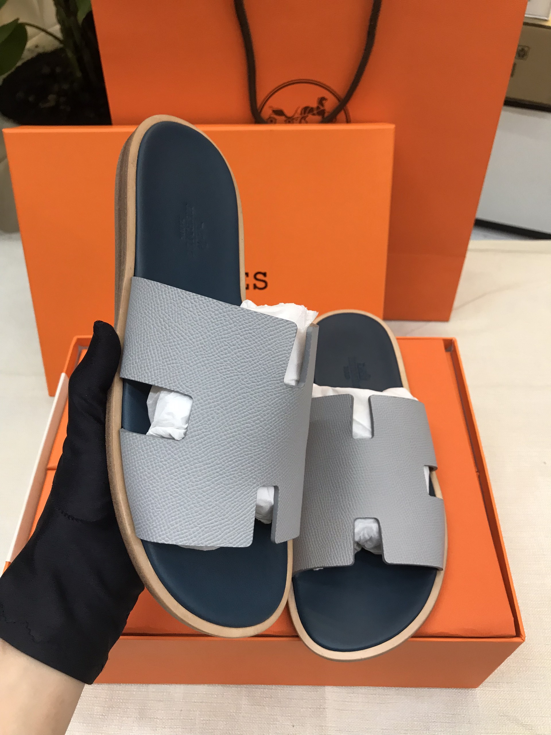 Giày/Dép Hermes Izmir Sandal Noir Siêu Cấp Màu Xanh Phối Size 41