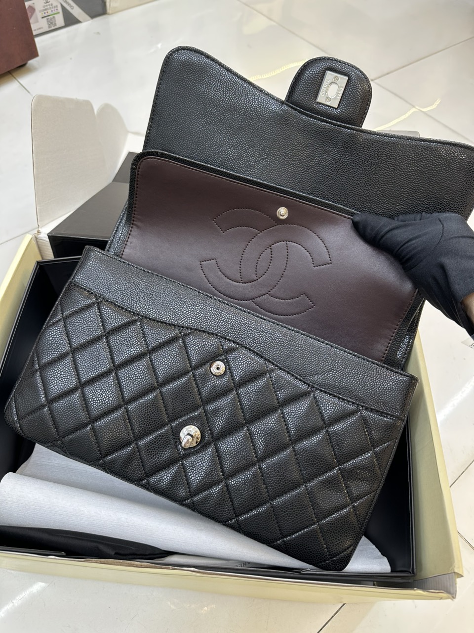 Túi Xách Chanel Classic Da Hạt Super Khóa Bạc Size 30cm