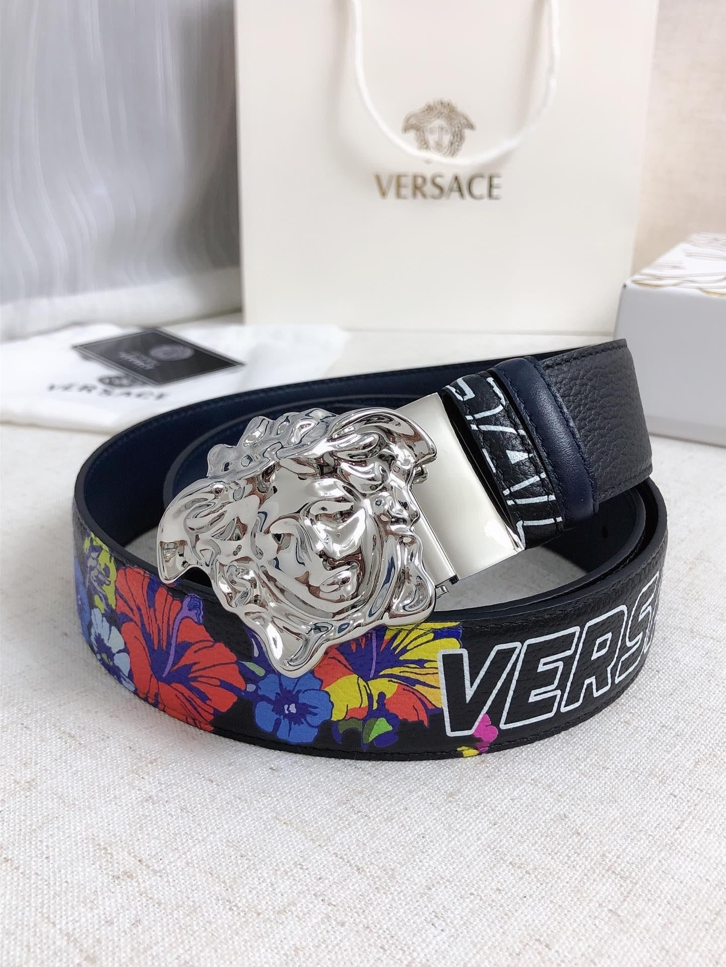 Thắt Lưng Versace Họa Tiết Hoa 3D Siêu Cấp Mặt Bạc Size 3.8cm