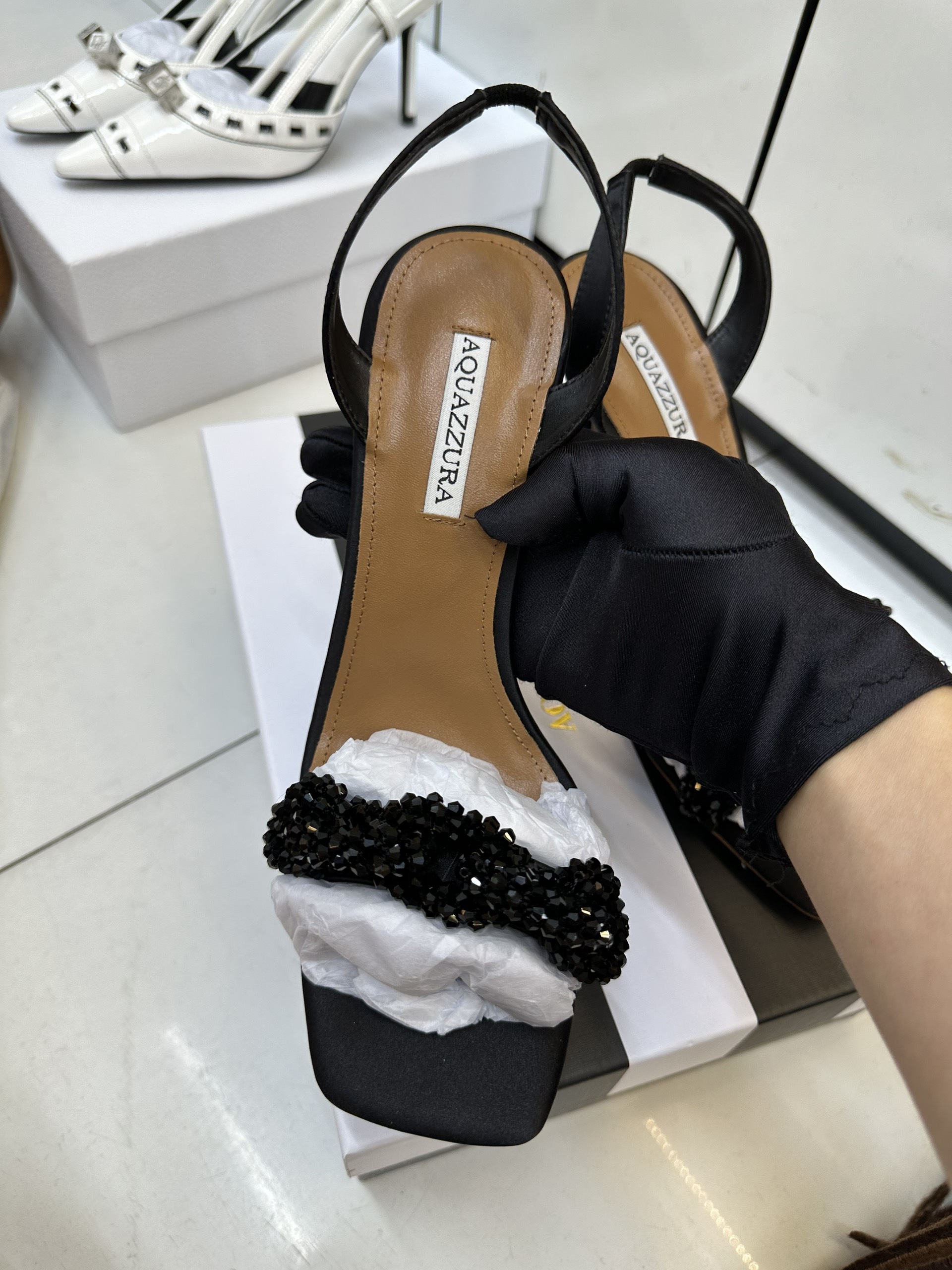 Giày Aquazzura Women%&&&%s Black Chain Of Love 105mm Satin Sandals Size 39
