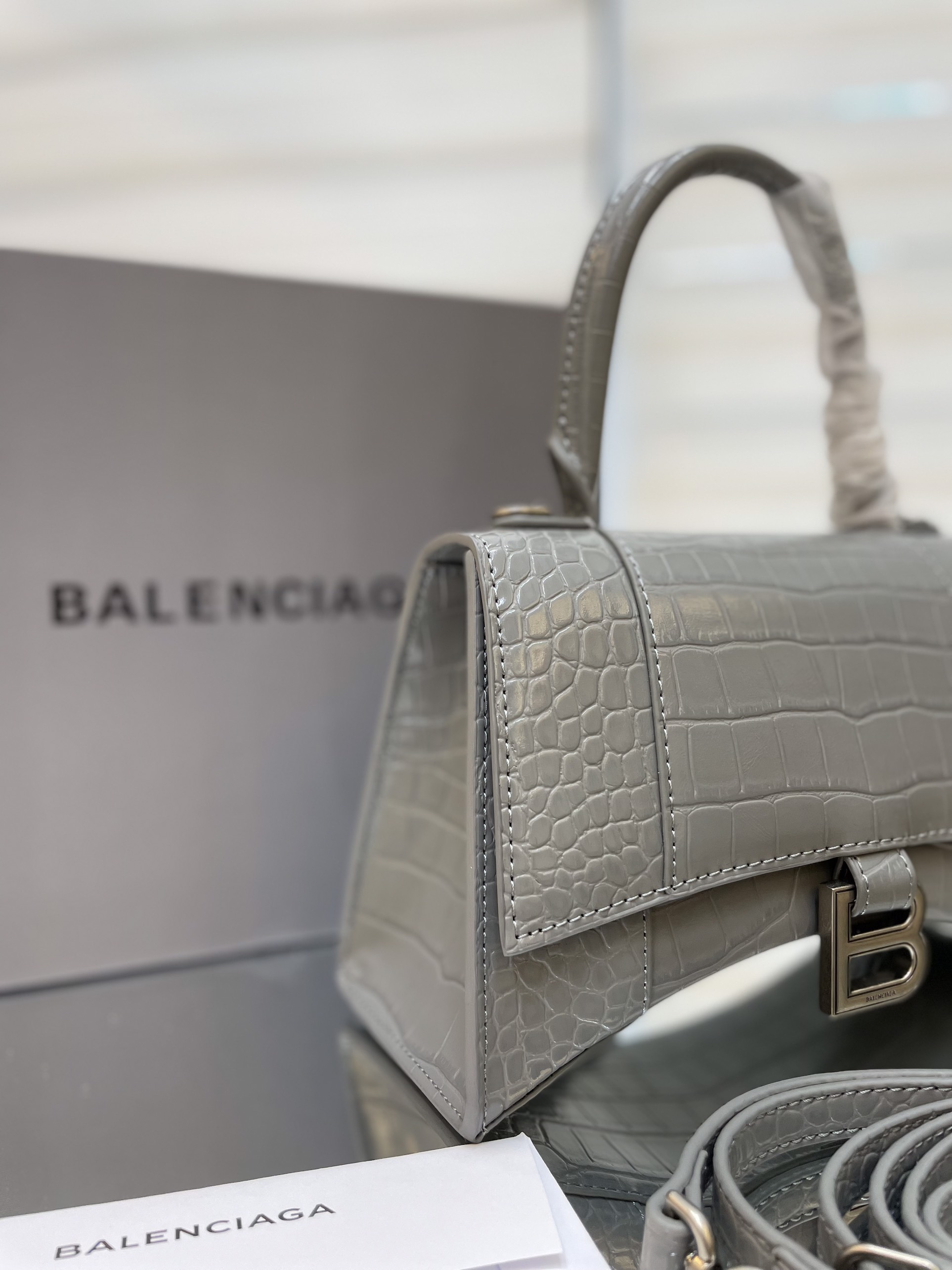 Túi Xách Balenciaga Hourglass Super Da Cá Sấu Size 25cm Màu Xám