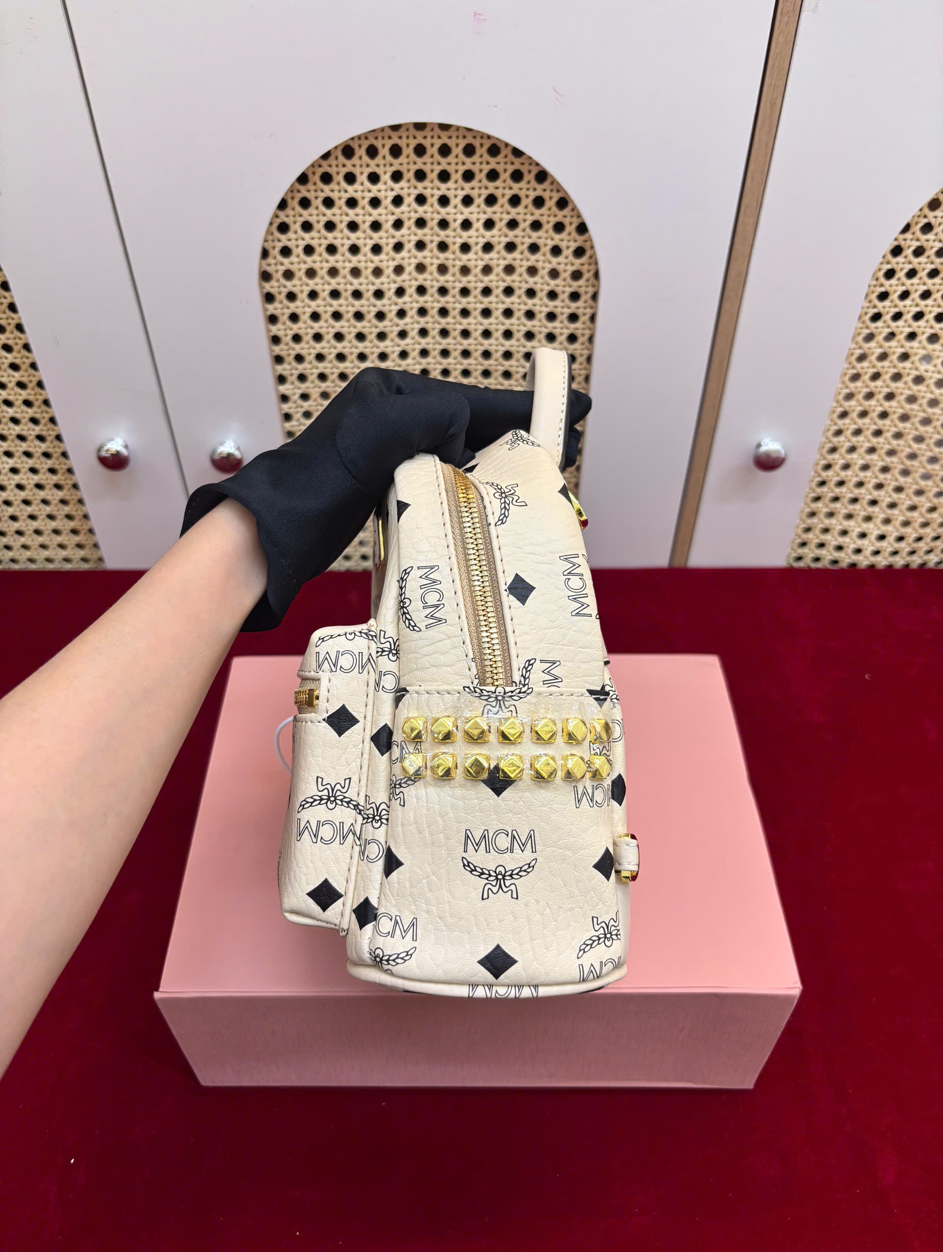 Balo MCM Mini Side Studs Backpack In Visetos Super Size 21cm