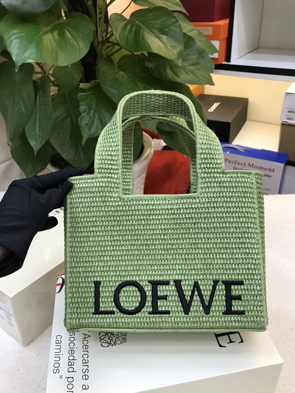 Túi Loewe Small Font Tote In Raffia Màu Xanh Size 25cm