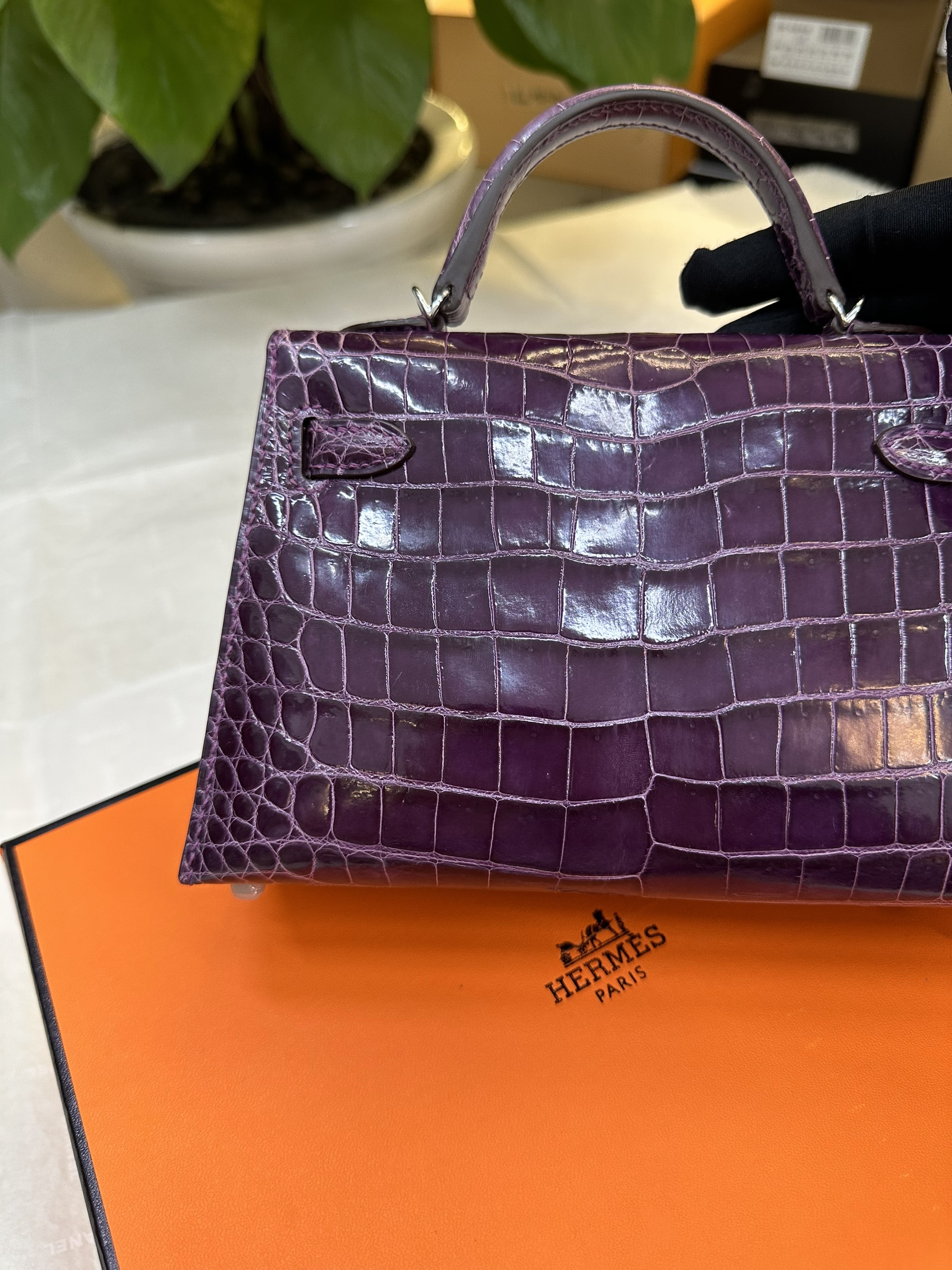 Túi Hermès Kelly Pochette Alligator Amethyst VIP Màu Tím Size 19cm