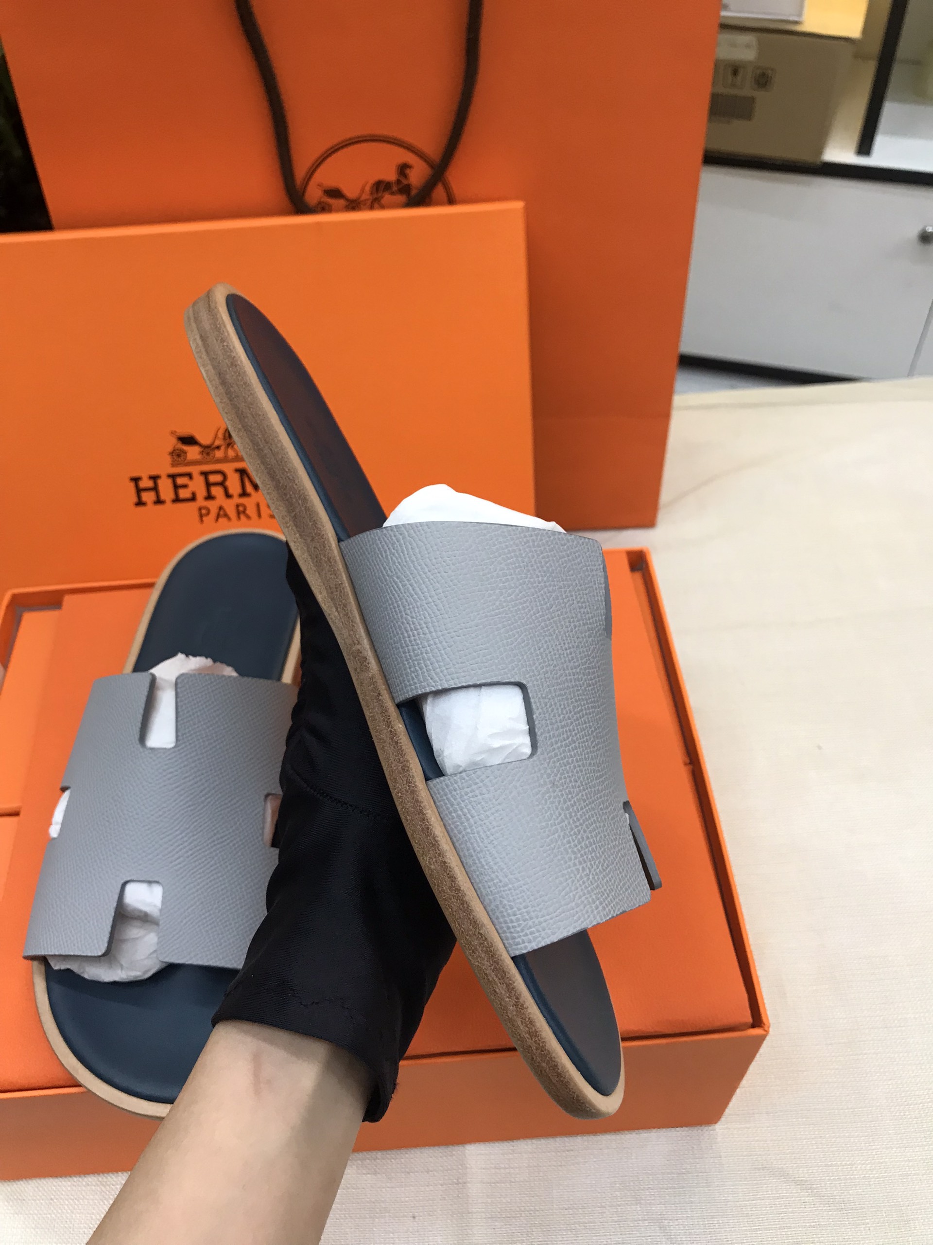 Giày/Dép Hermes Izmir Sandal Noir Siêu Cấp Màu Xanh Phối Size 41