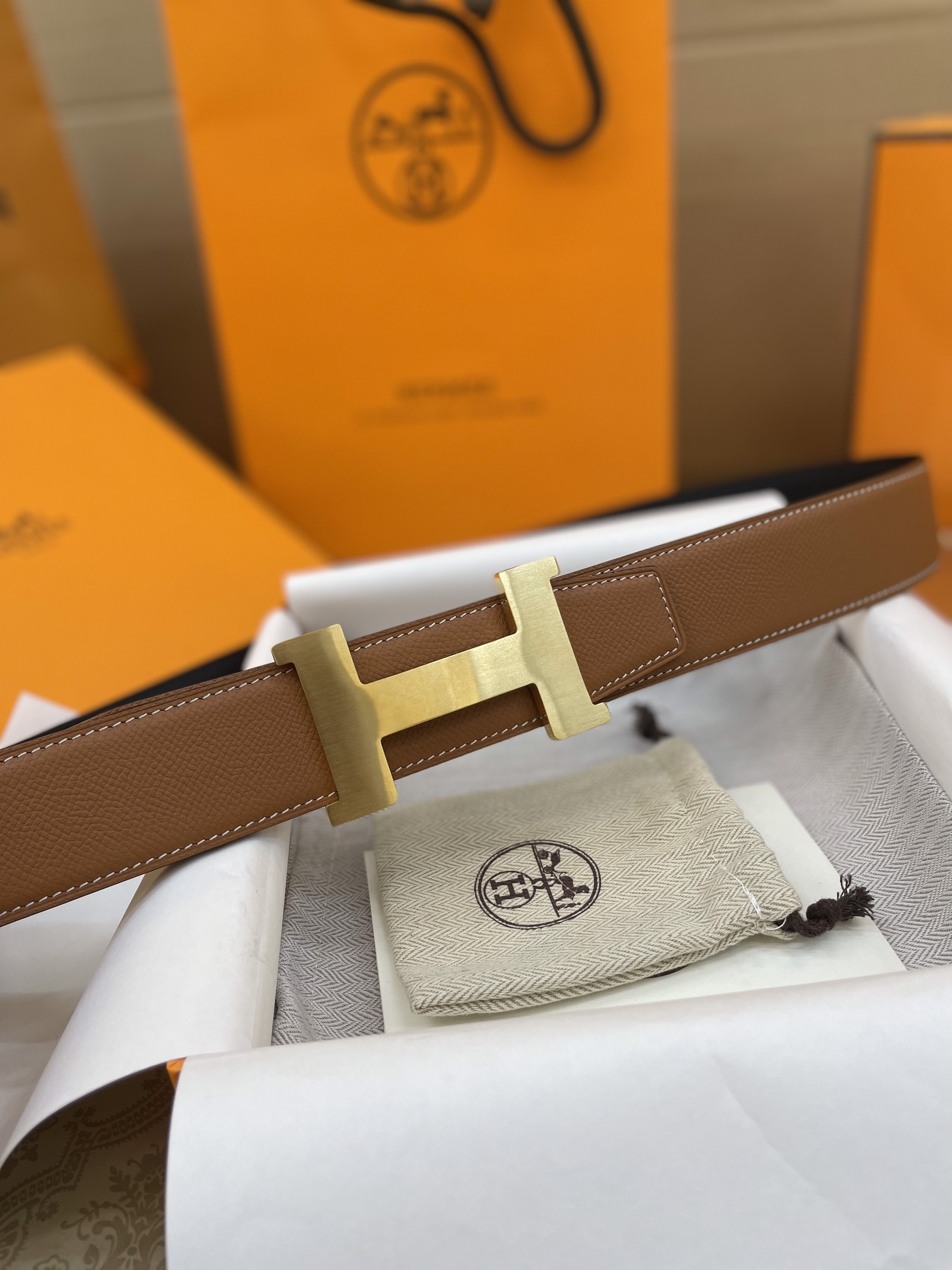 Thắt Lưng Hermes Logo H Da Epsom Màu Nâu 107cm/ 3.8cm