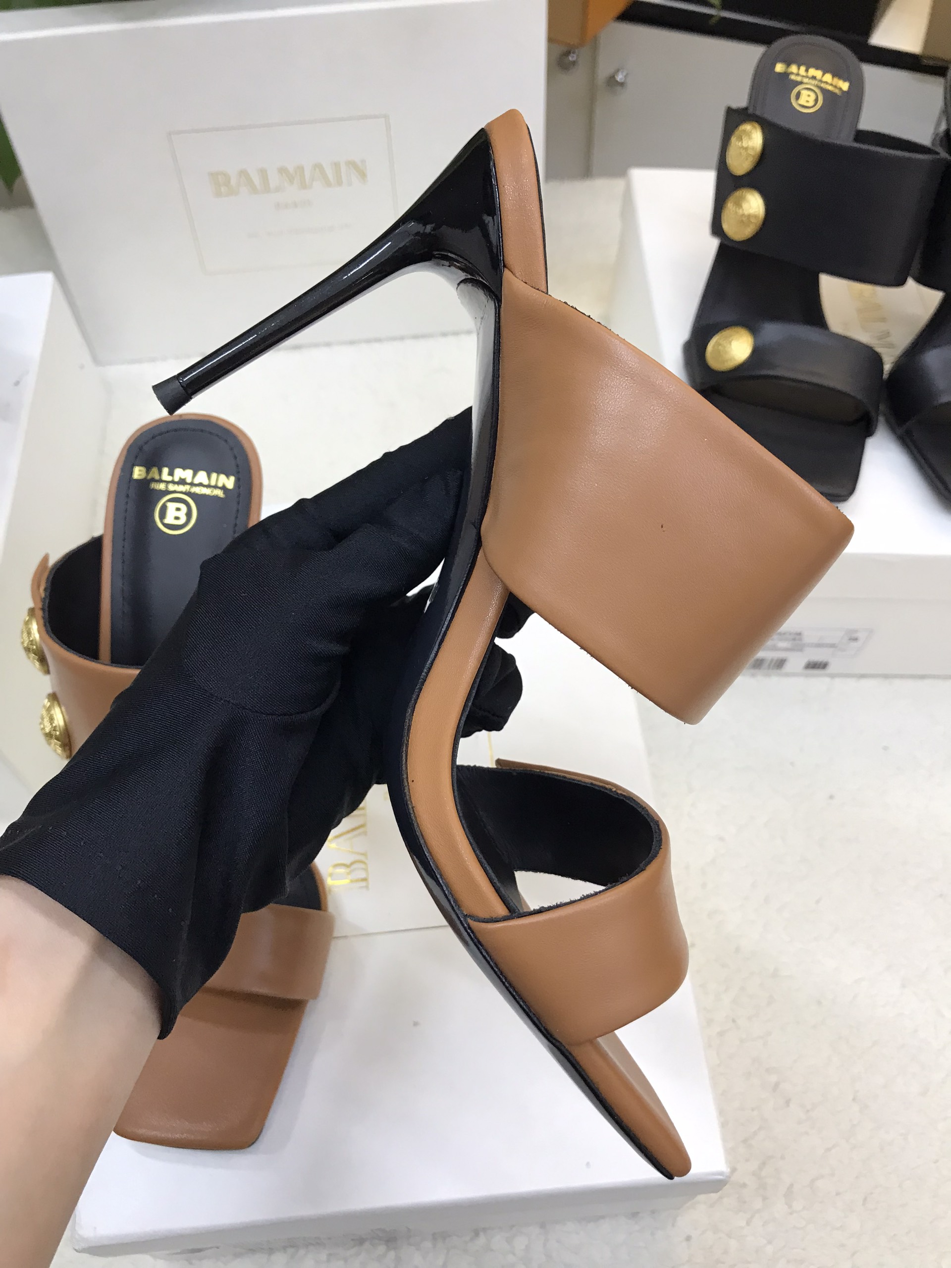 Giày Balmain Heeled Eva Mules In Calfskin Siêu Cấp Màu Nâu Size 39