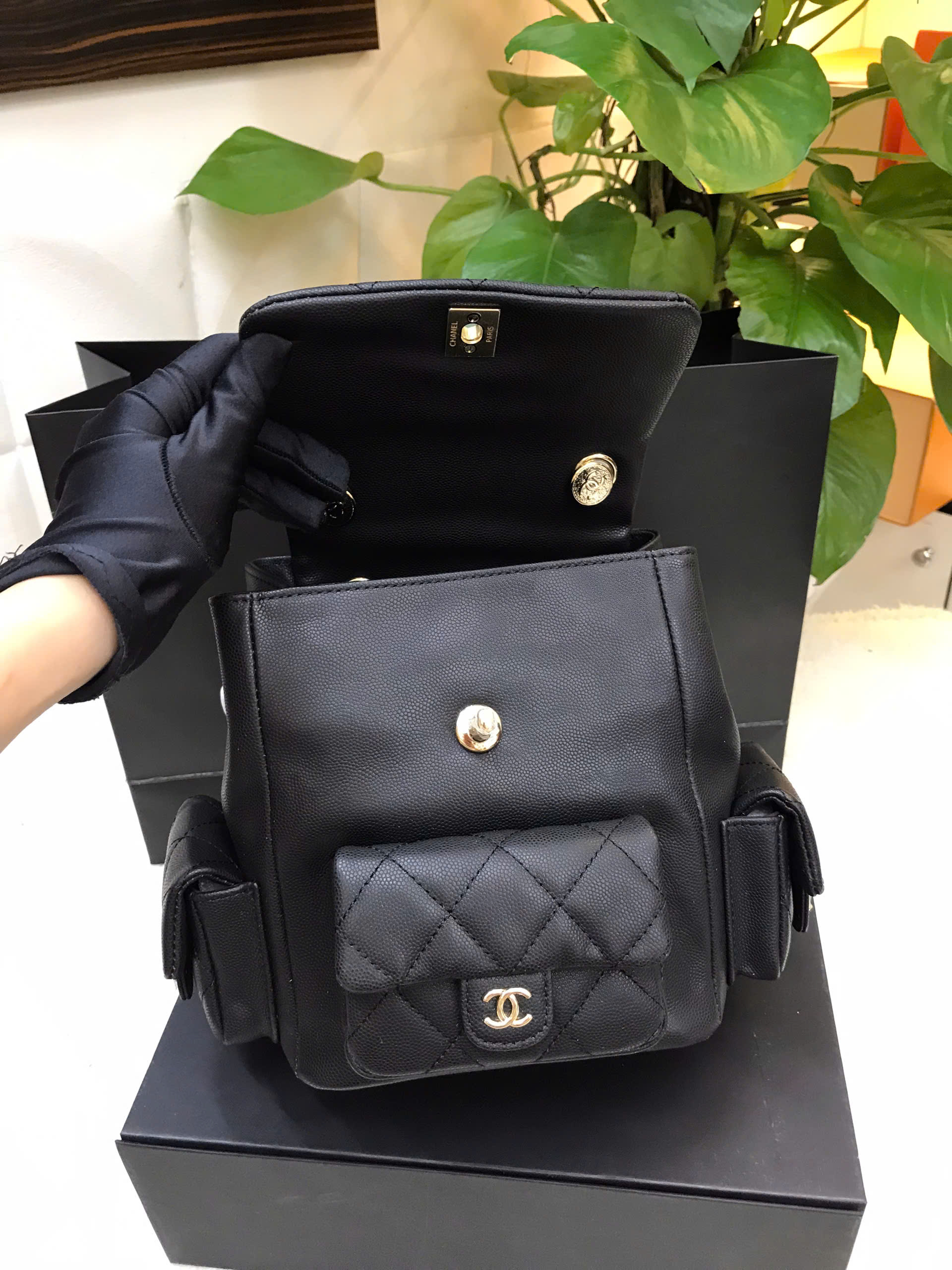 Balo Chanel Caviar Light Gold Hardware Backpack Vip Màu Đen Size 21cm