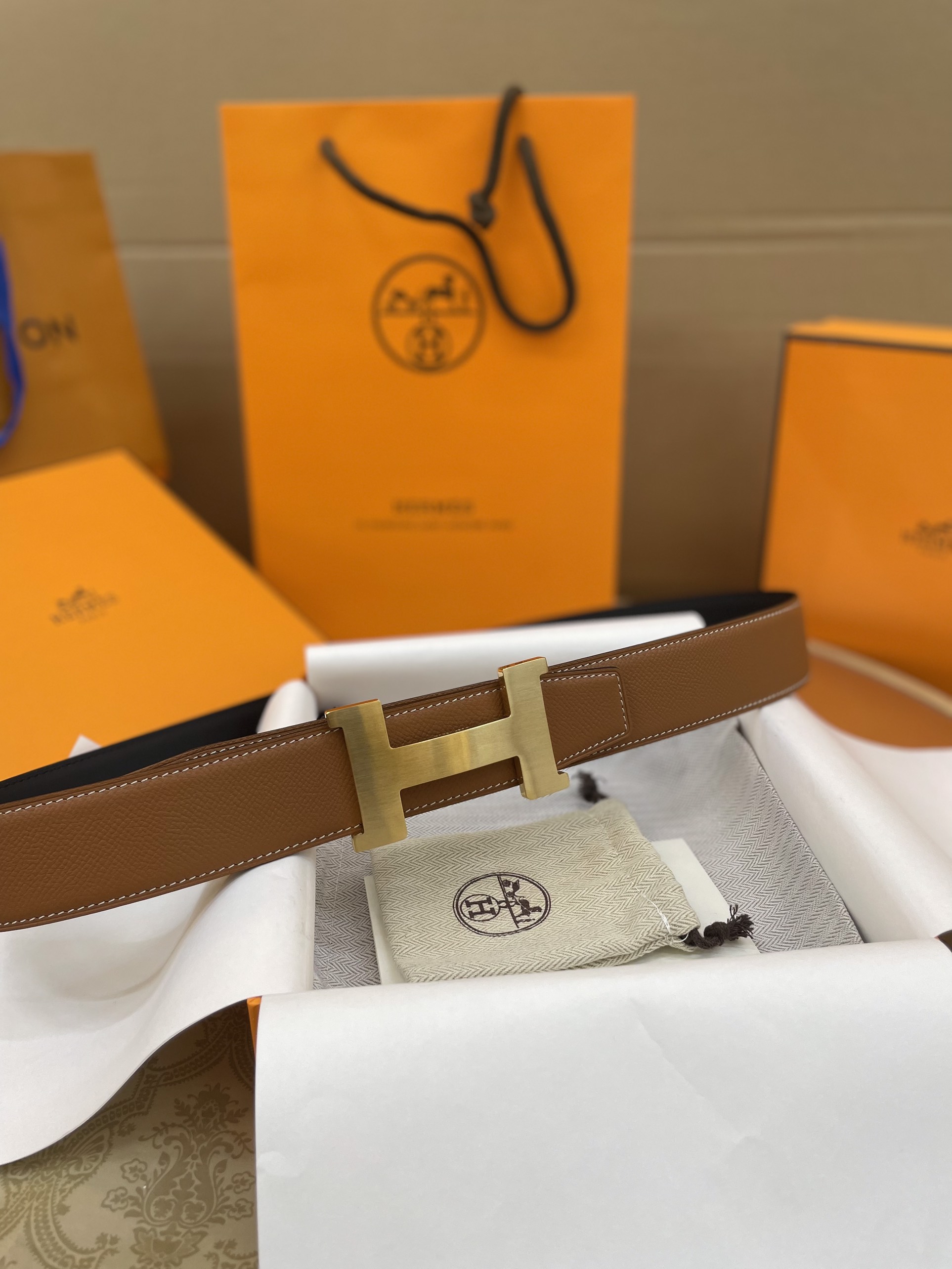 Thắt Lưng Hermes Logo H Da Epsom Màu Nâu 107cm/ 3.8cm