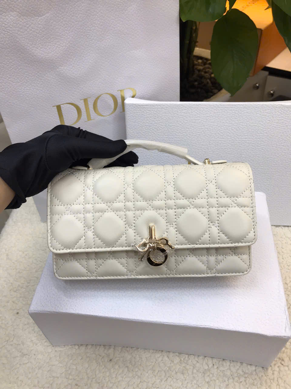 Túi My Dior Mini Bag Latte Cannage Lambskin White Super Size 21cm