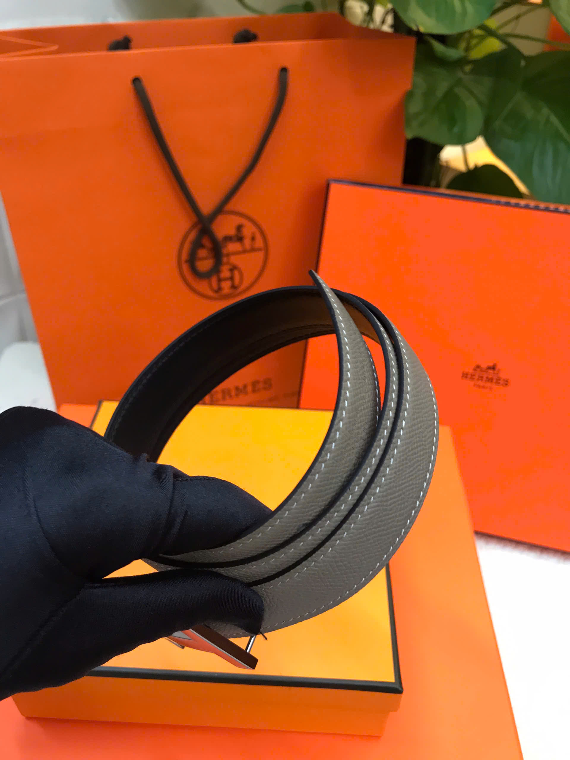 Thắt Lưng Hermes Epsom Belt Siêu Cấp Màu Xám Khóa Bạc