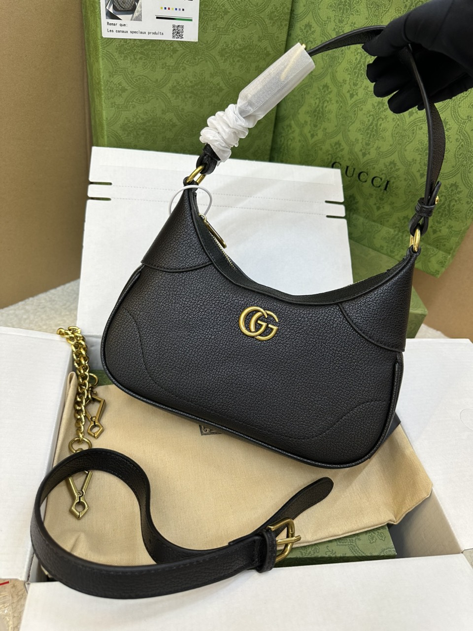 Túi Gucci Aphrodite Embellished Textured-Leather Shoulder Super Màu Đen Size 25cm