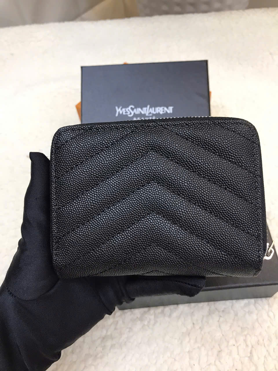 Ví YSL Caviar Short Wallet - Black (Silver) Super Màu Đen Size 12cm