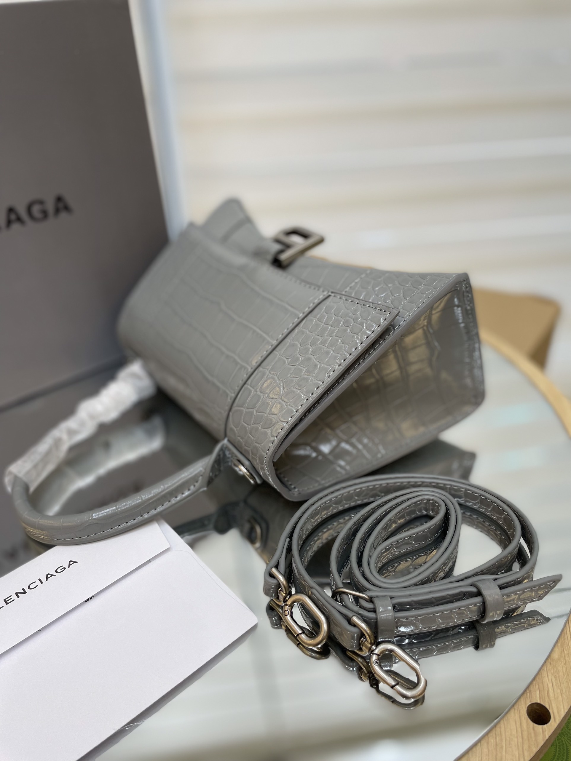Túi Xách Balenciaga Hourglass Super Da Cá Sấu Size 25cm Màu Xám