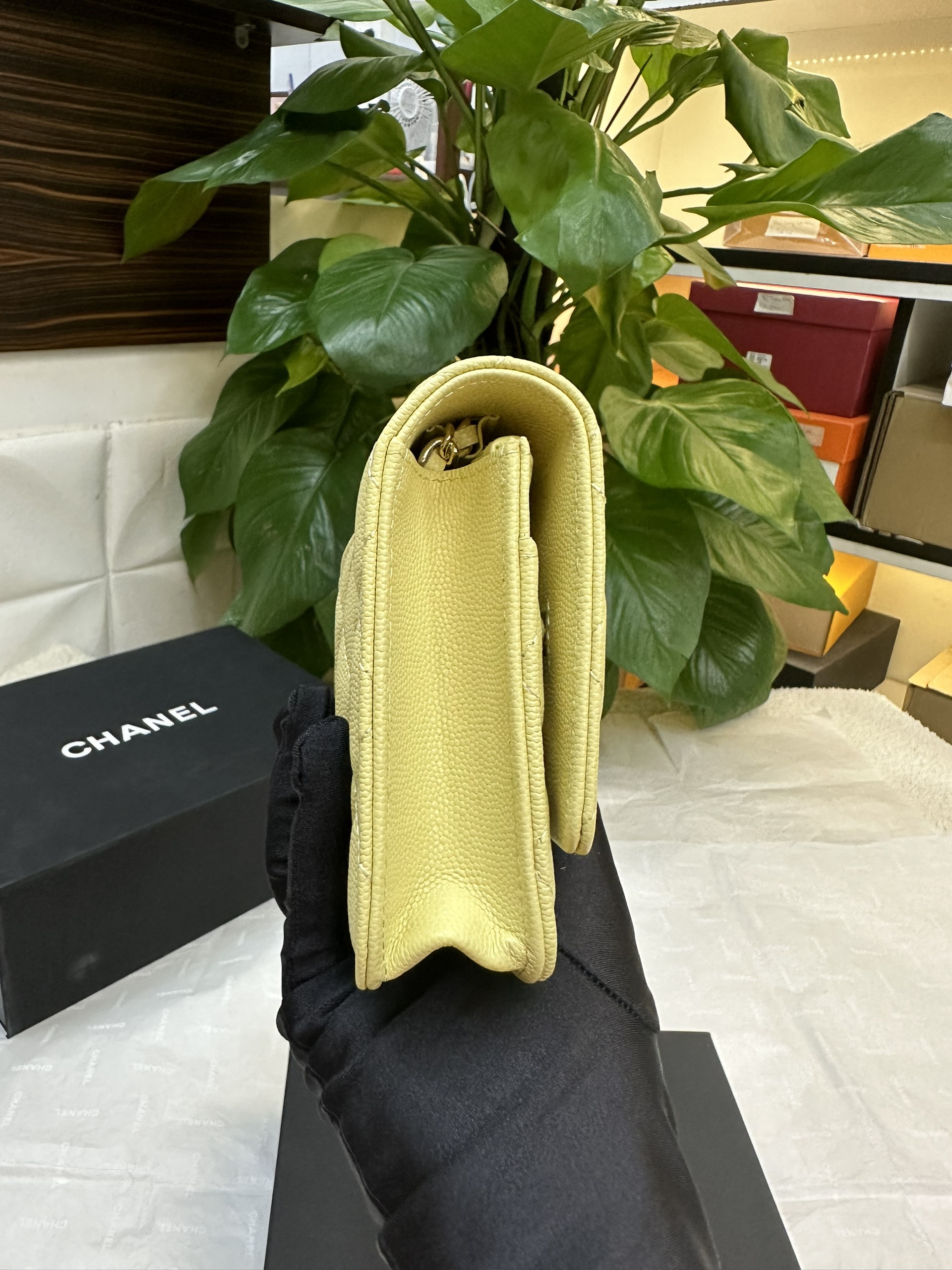Túi Chanel Woc Flap Siêu Cấp Da Hạt Màu Vàng Tag Vàng Size 19cm