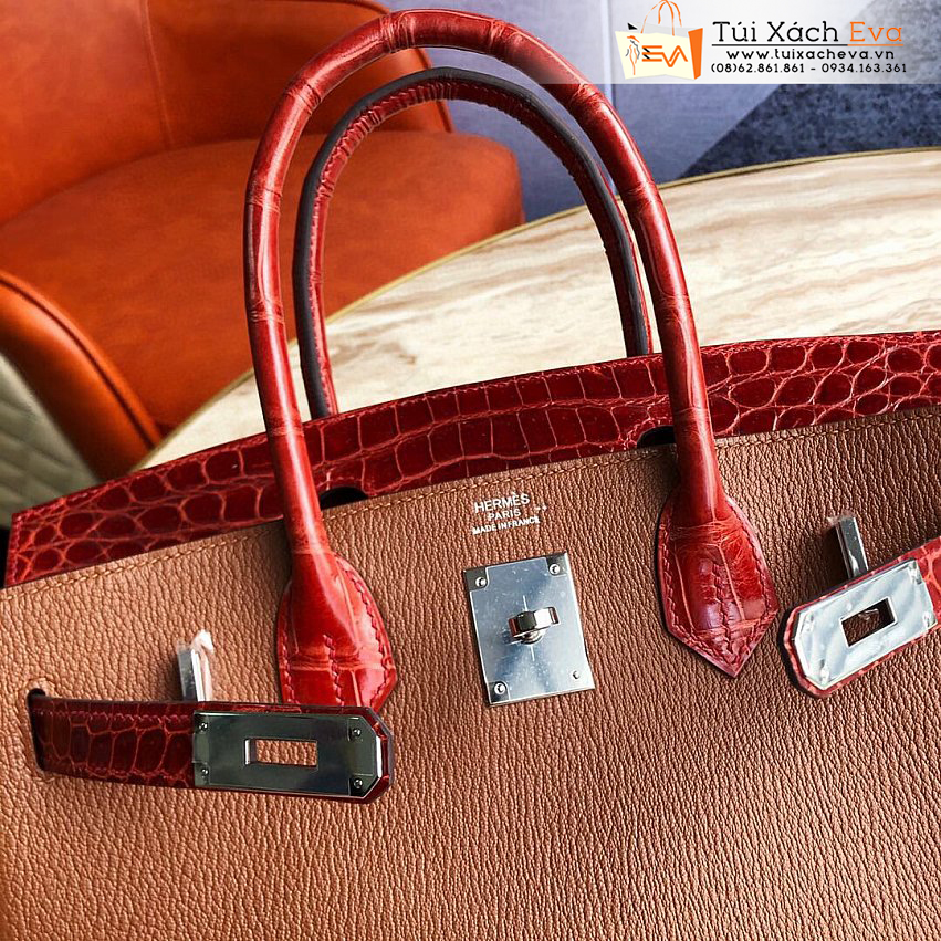 Túi Xách Hermes Birkin Bag Siêu cấp Màu Nâu Phối Đỏ Đẹp.