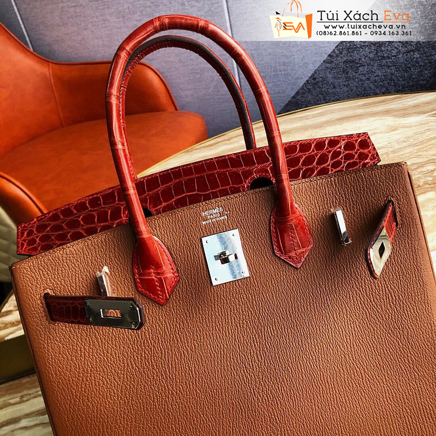 Túi Xách Hermes Birkin Bag Siêu cấp Màu Nâu Phối Đỏ Đẹp.